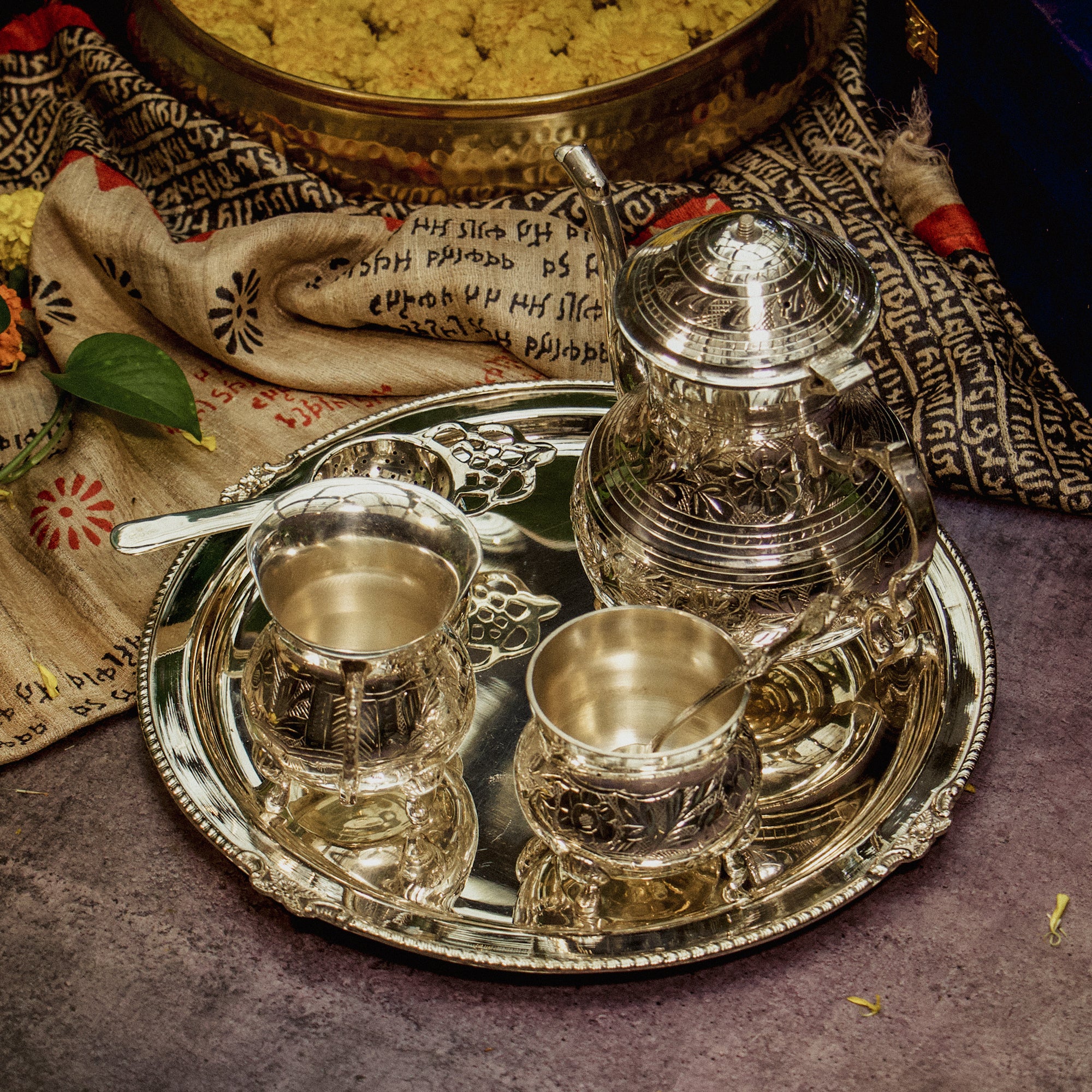 Victorian Style Royal Tea Silver Finish Pure Brass Tea Set