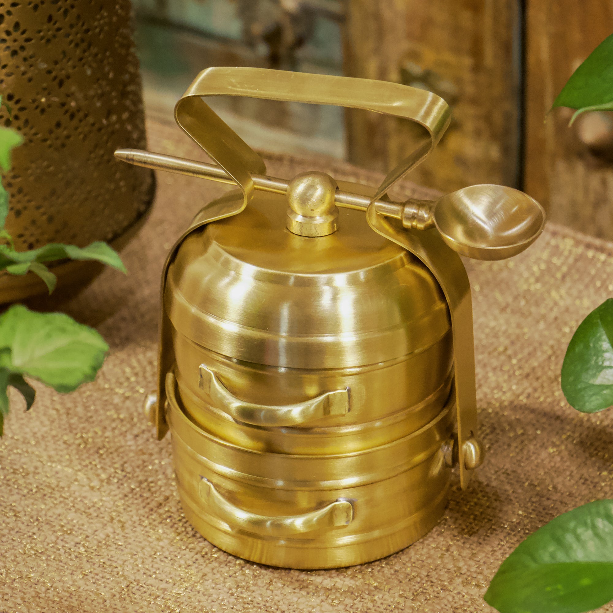 Super Elegant Pure Brass 2 Tier Tiffin Set in Matte Finish with Spoon