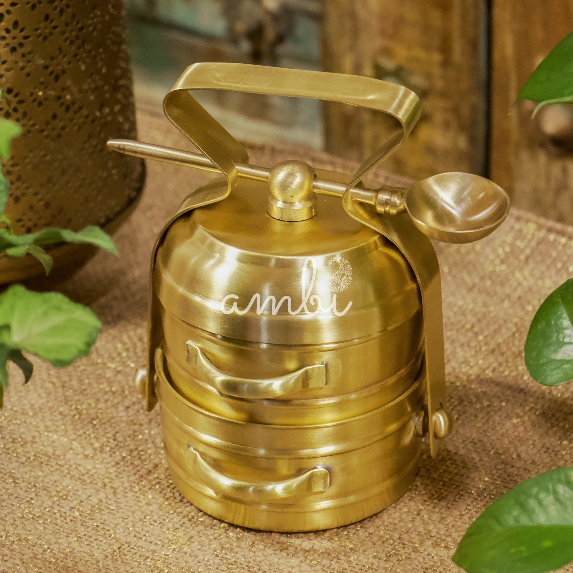 Super Elegant Pure Brass 2 Tier Tiffin Set in Matte Finish with Spoon
