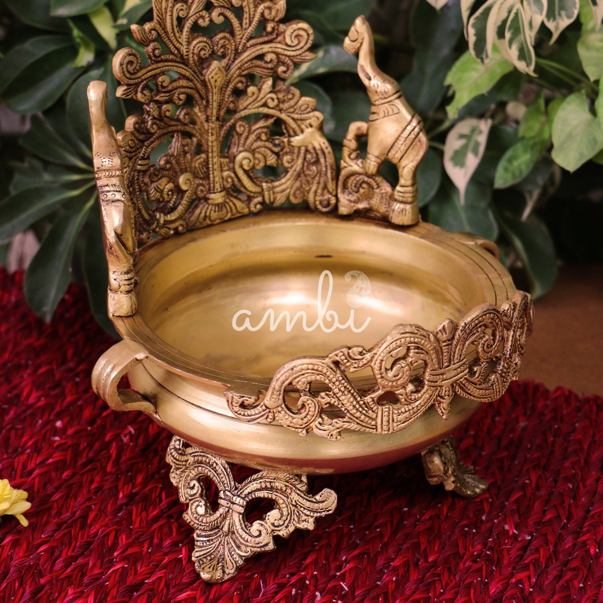 Pure brass Ethnic Traditional Elephant and Flower Designed Urli - Antique Style