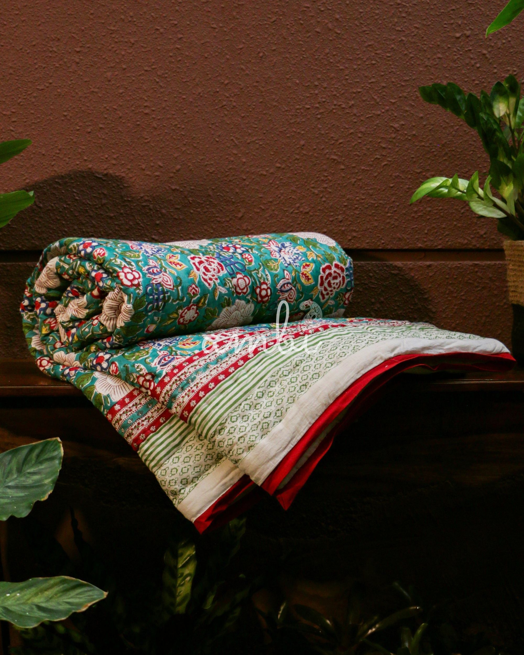 2026 Collection - Cyan Floral Hand Block Printed Jaipuri Rajai / Quilt- Singles - Pair of 2 - 60X90 Inches each