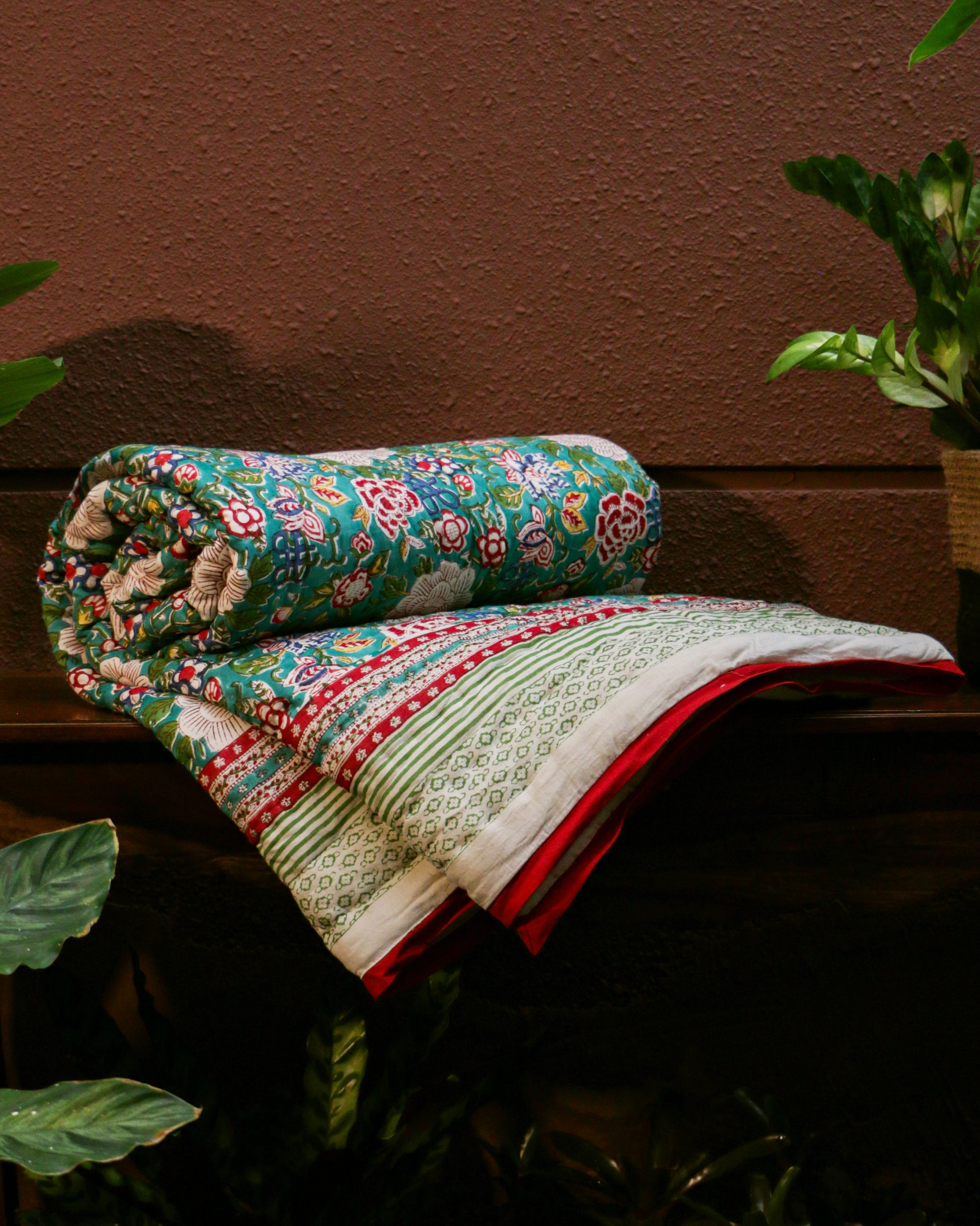 Diwali 2025 Collection - Cyan Floral Hand Block Printed Jaipuri Rajai / Quilt- Singles - Pair of 2 - 60X90 Inches each