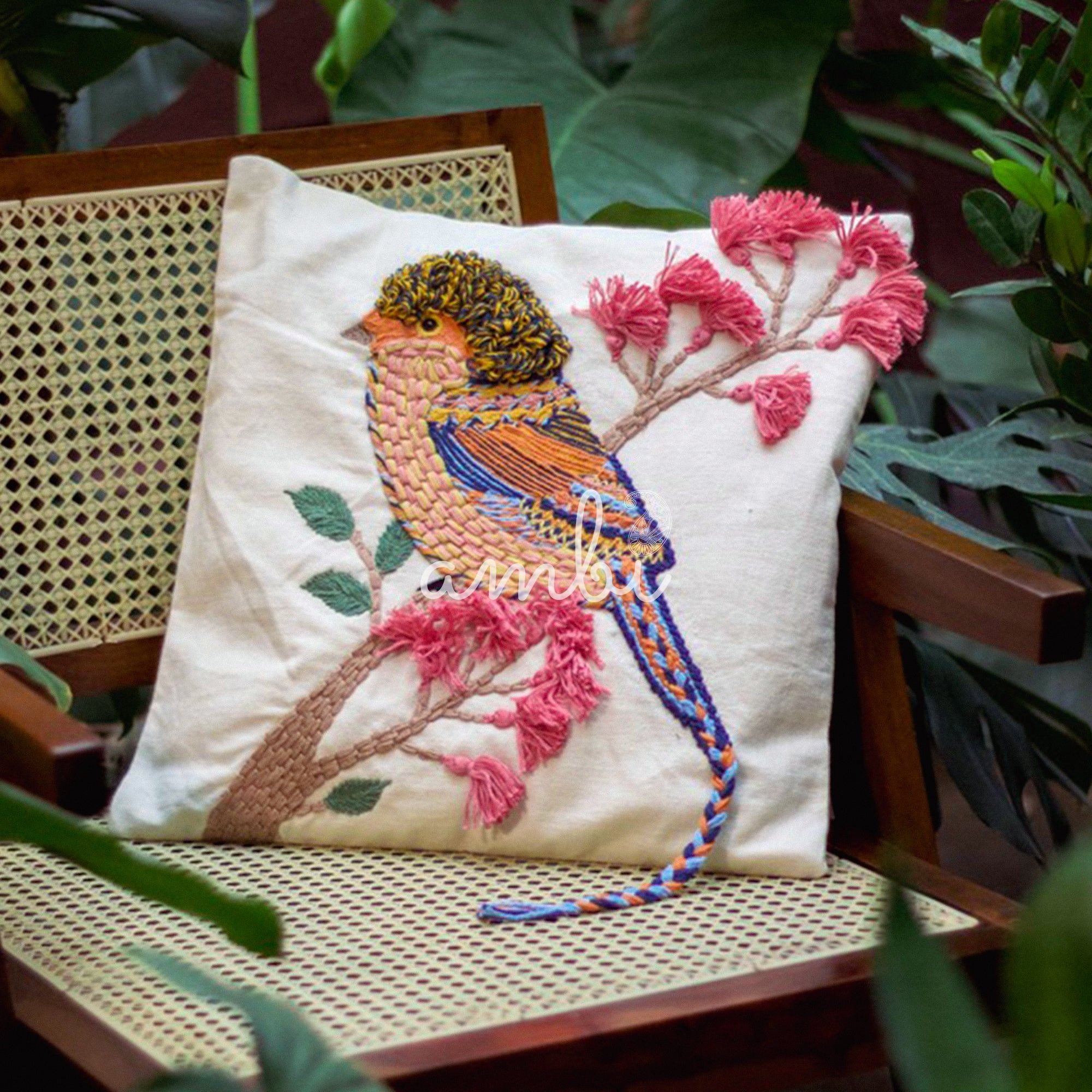 2026 Collection - Hand-Embroidered Bird Cushion Cover - Set of 2 - 16 X 16 inches