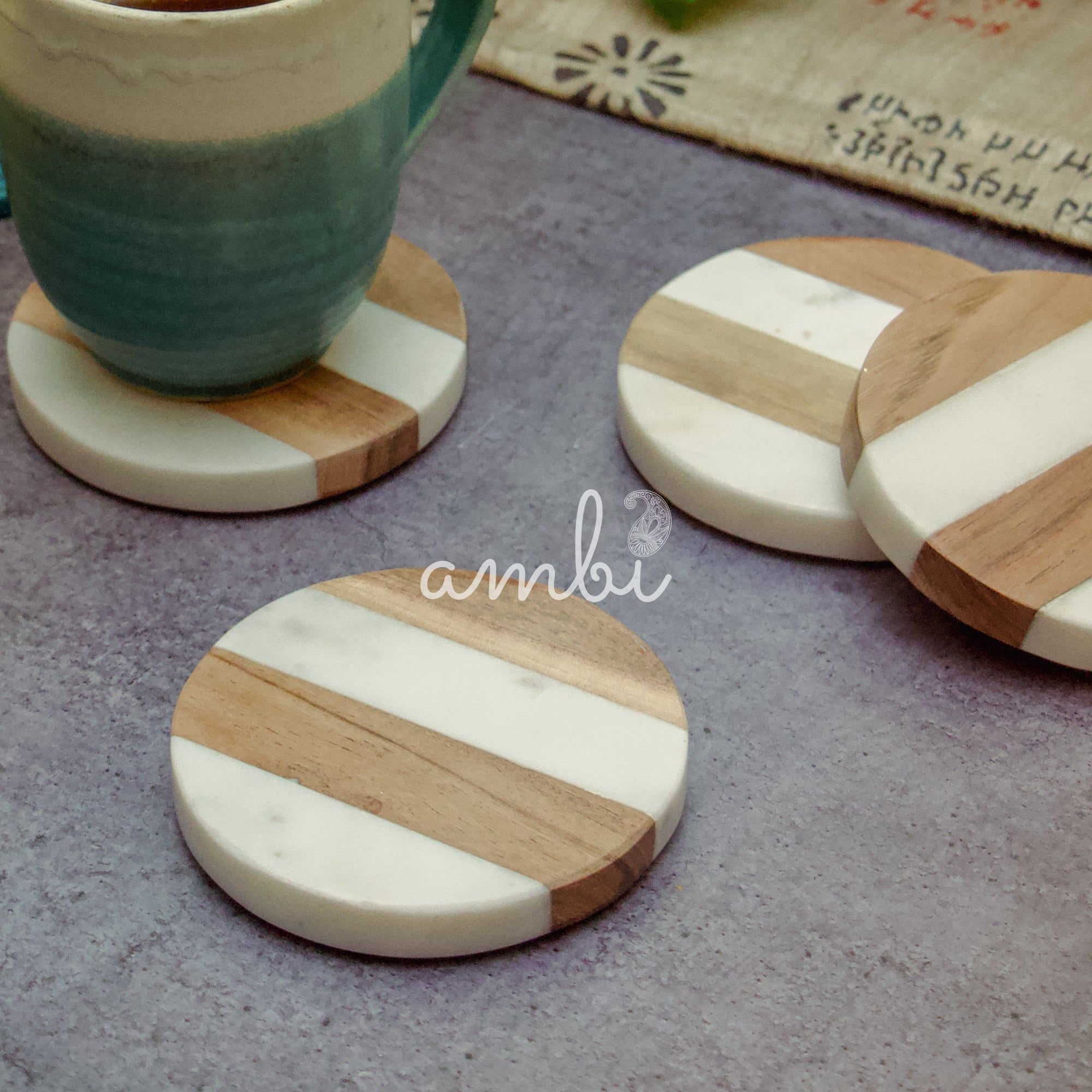 Original Makrana Marble Wood Inlay Coasters - Set of 2