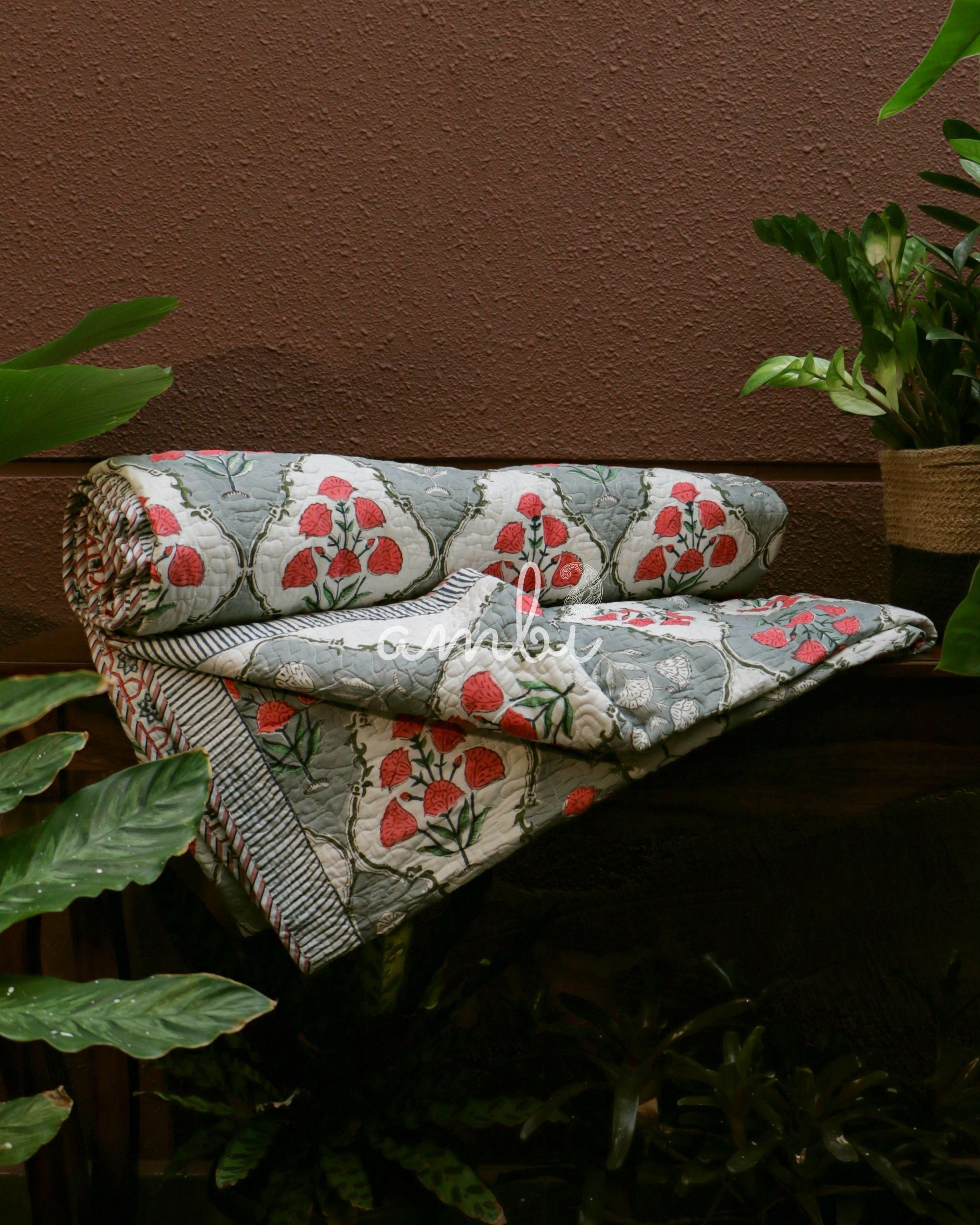 2026 Collection - Bed Cover Fuchsia Floral Hand Block Printed Jaipuri Quilted Bed Cover with 2 Pillow Covers- Double - 108X108 Inches