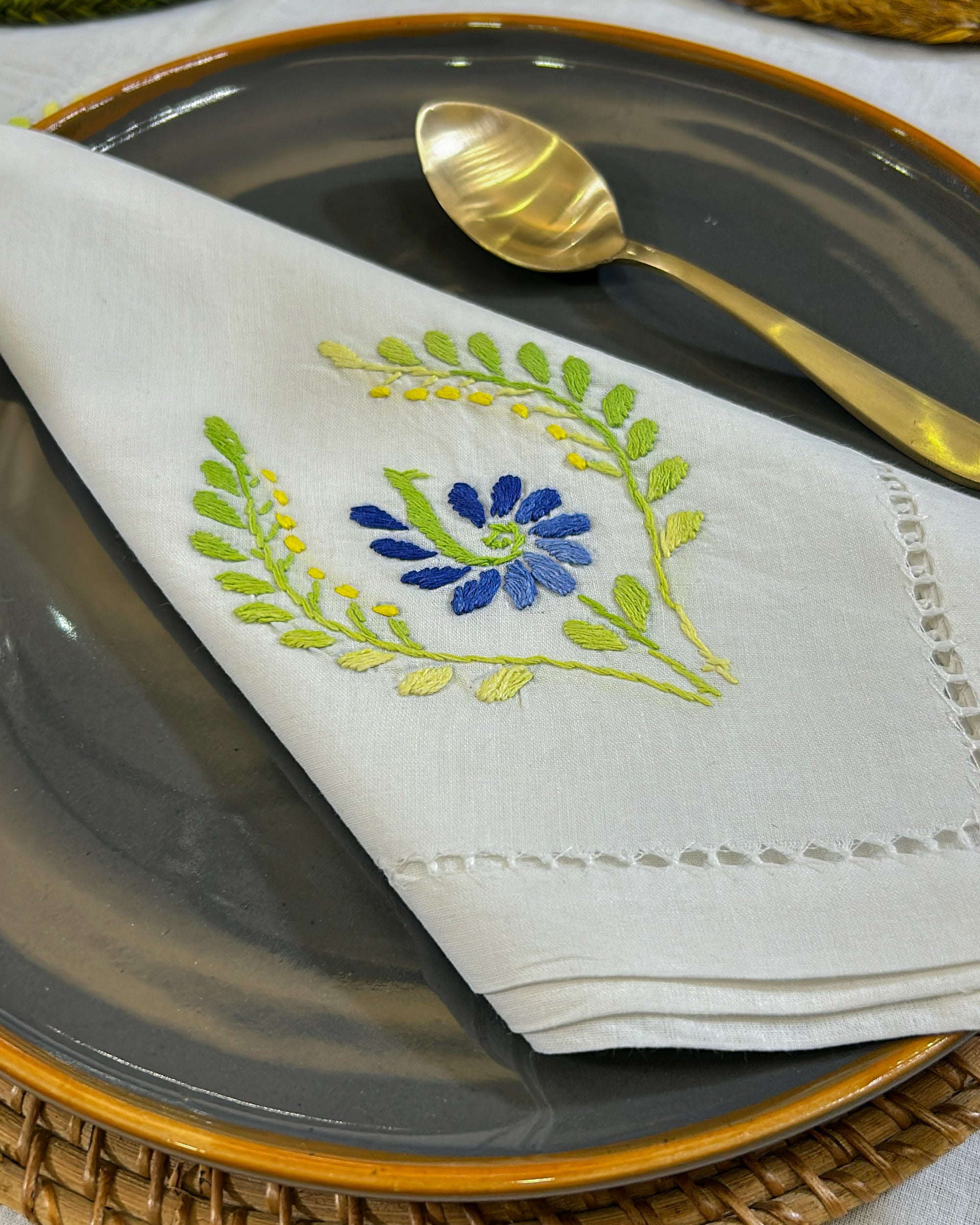 Diwali 2025 Hand Embroidered Linen Napkins Green Floral - Set of 4