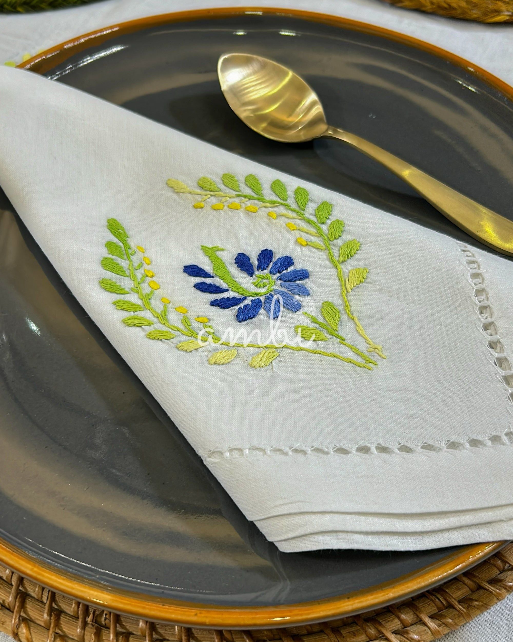 2026 Collection - Hand Embroidered Linen Napkins Green Floral - Set of 4