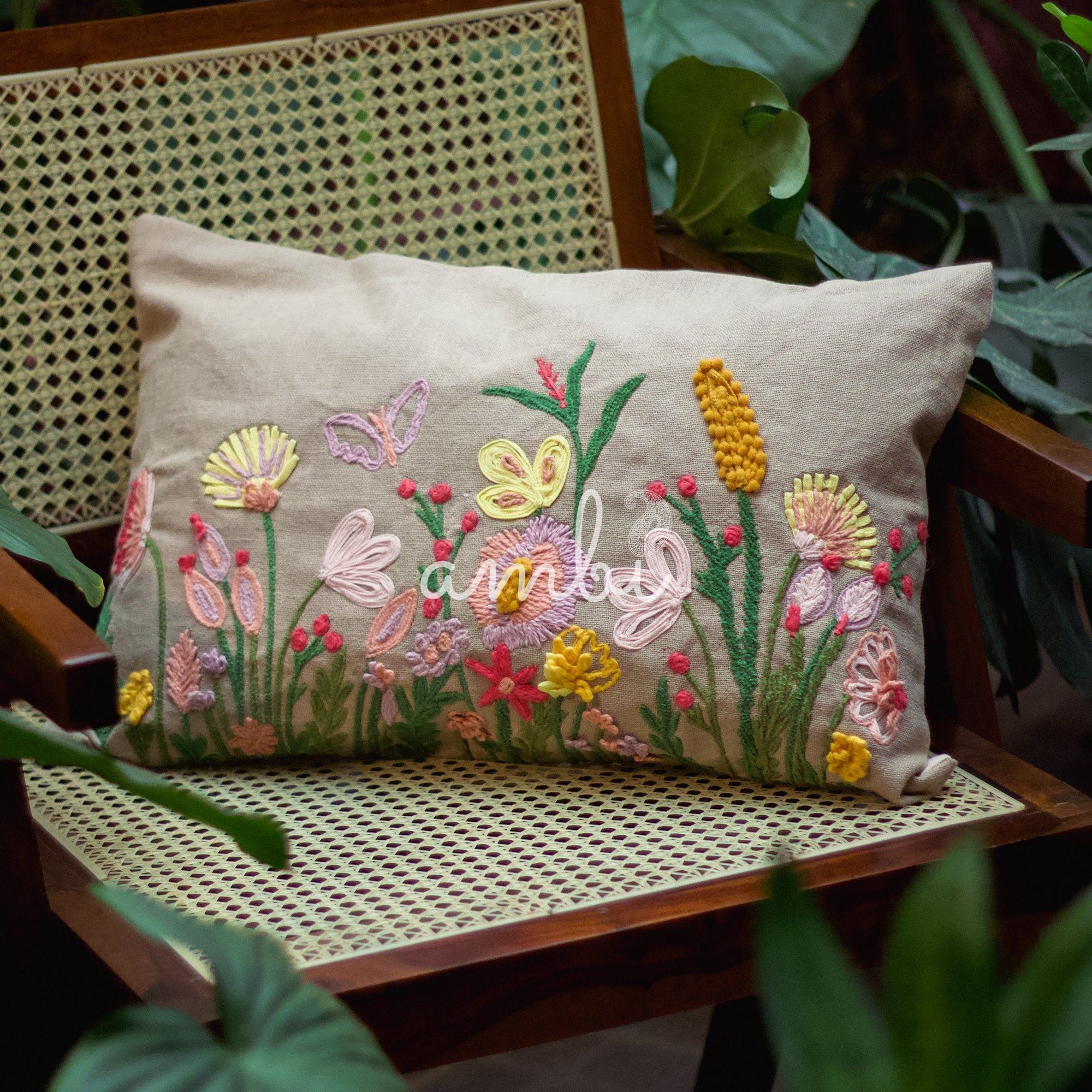 2026 Collection - Hand-Embroidered Flower Cushion Covers - Set of 2 - 14X20 inches
