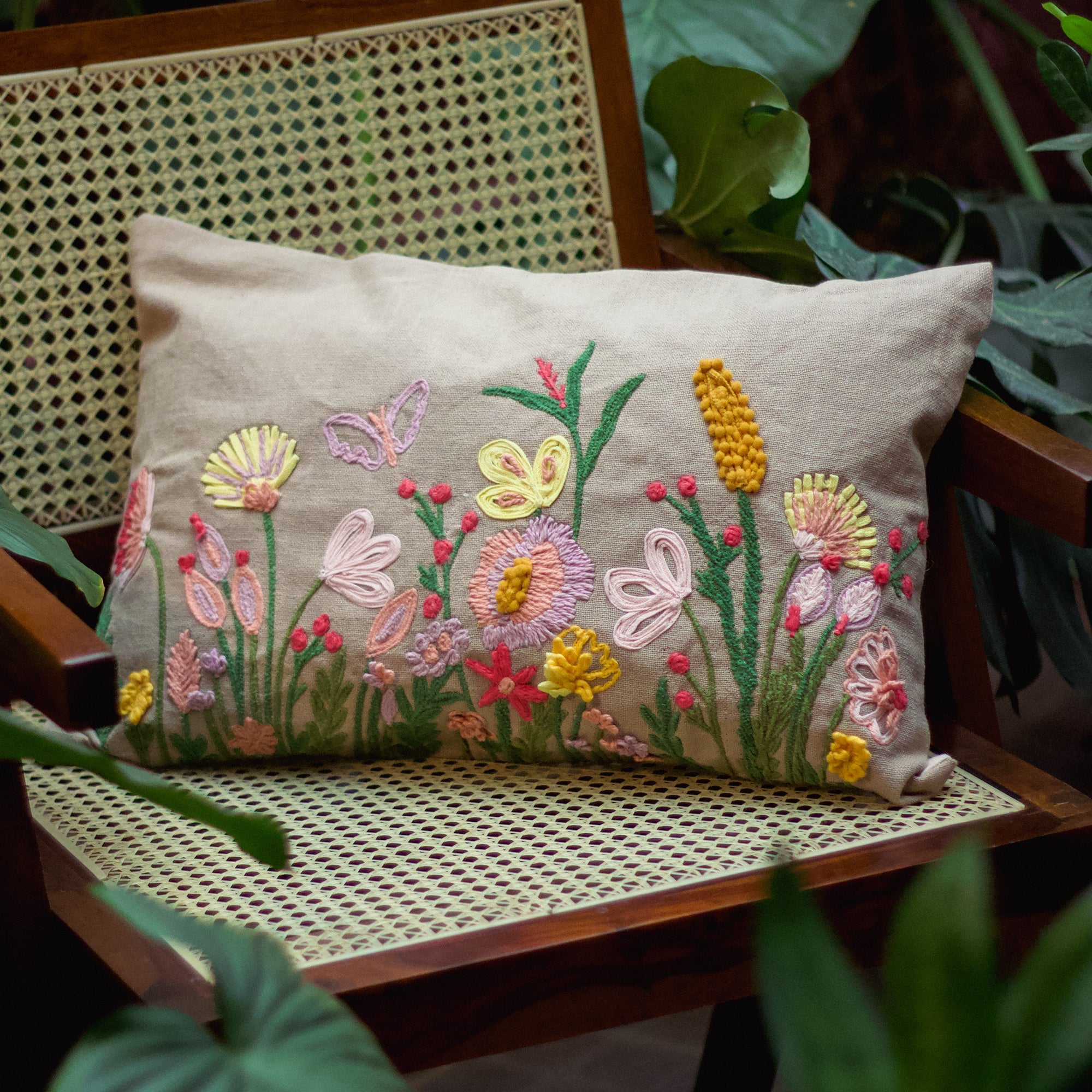 2026 Collection - Hand-Embroidered Flower Cushion Covers - Set of 2 - 14X20 inches