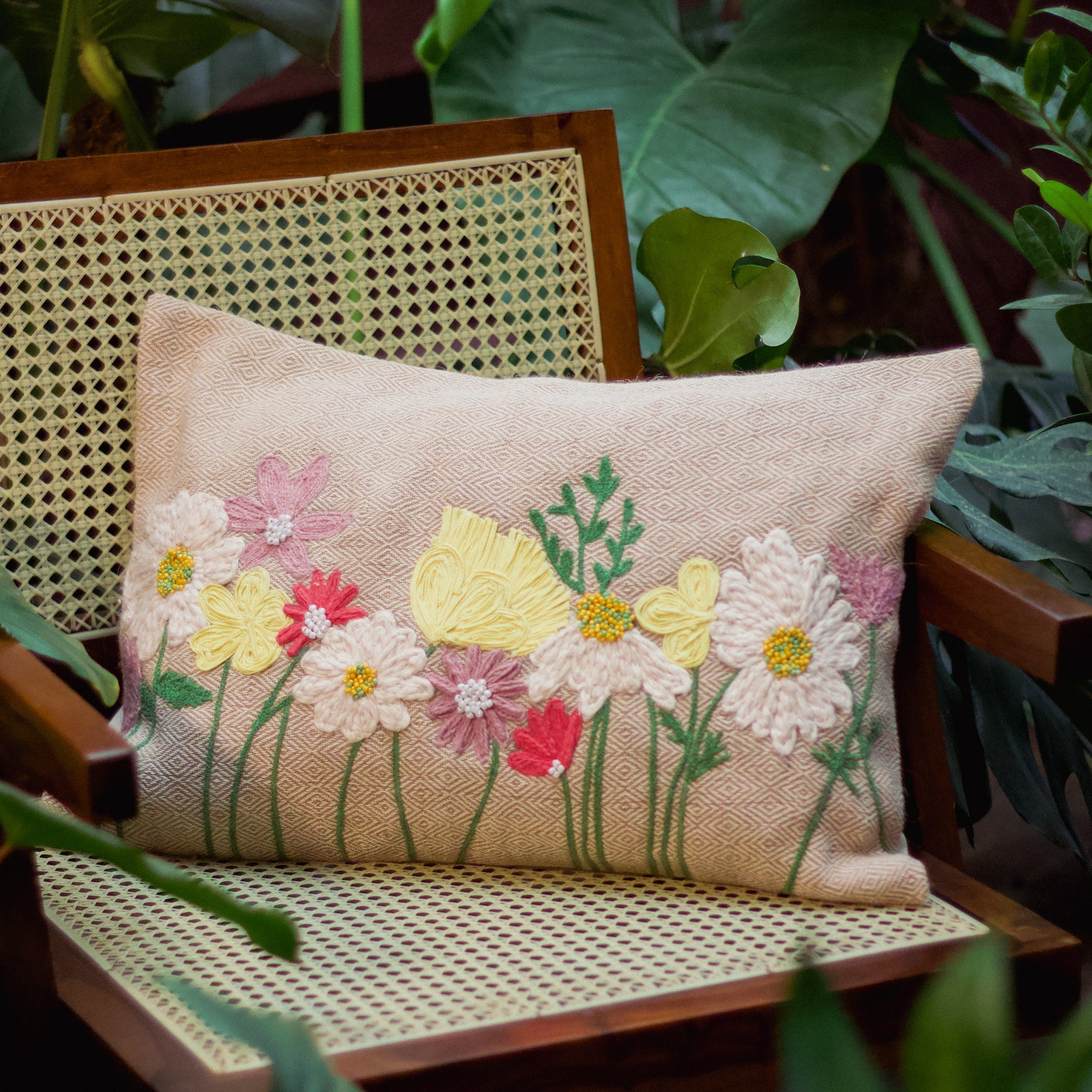 2026 Collection - Hand-Embroidered Flower Cushion Covers - Set of 2 - 14X20 inches