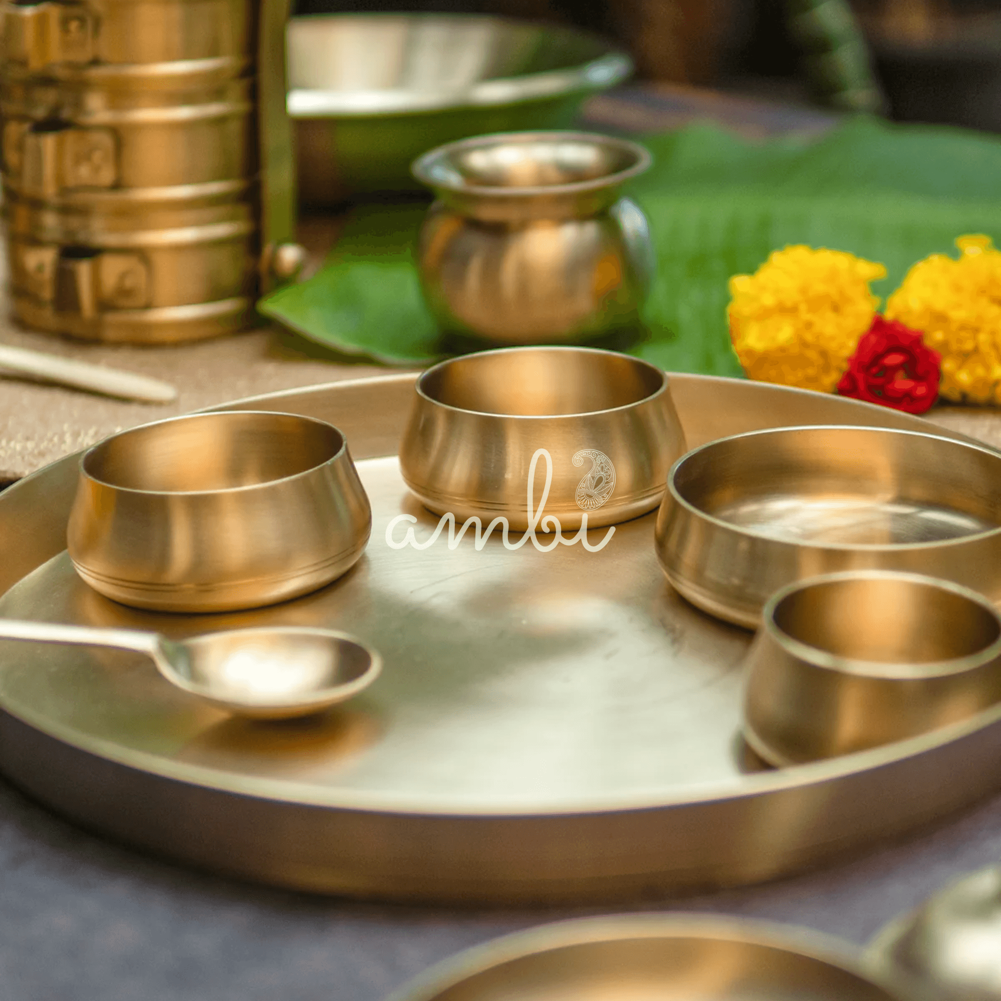 Ambi Pure 100% Lead Free Kansa Curved Thali Set - Set of 6 pieces - Matt Finish Heavy Masterpiece