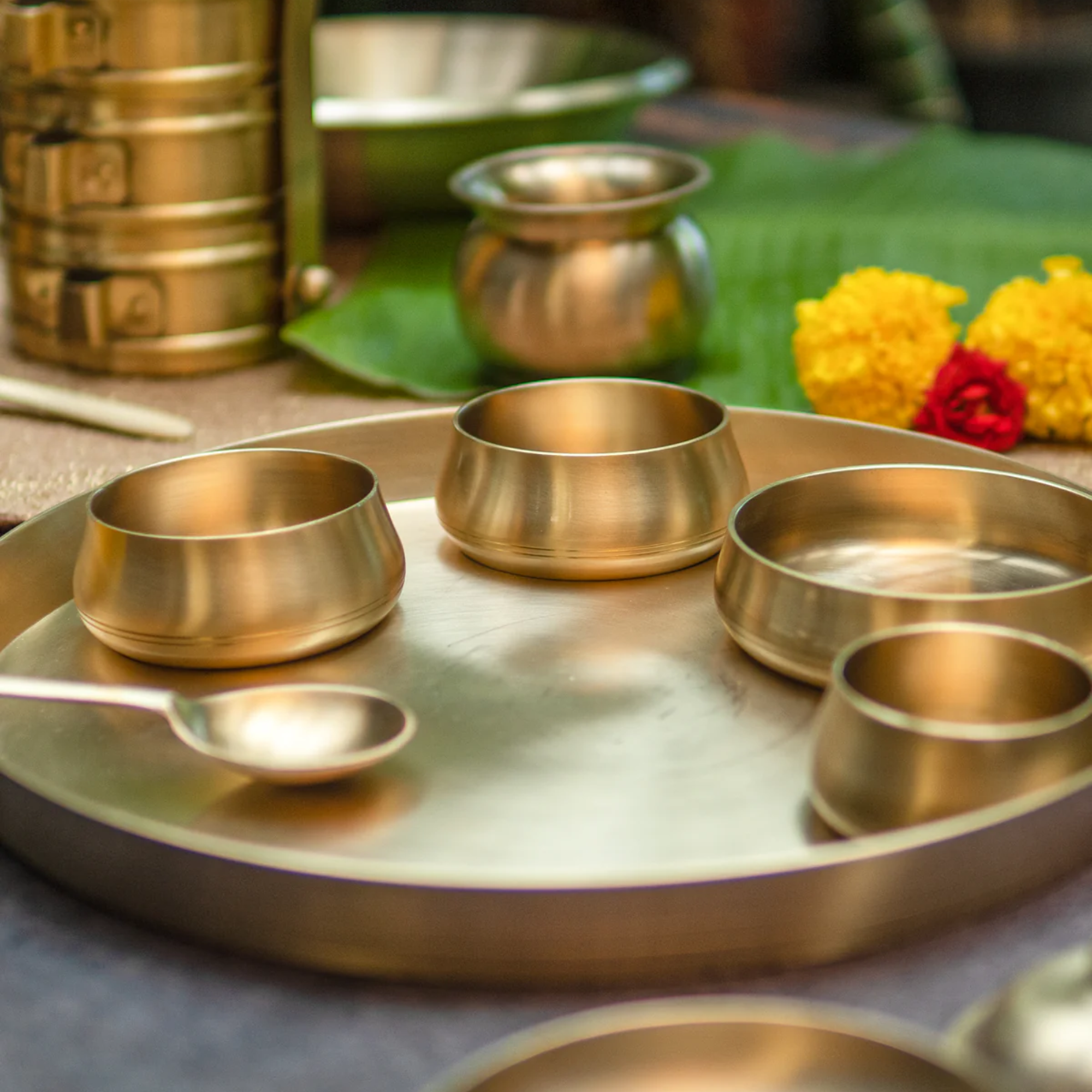 Ambi Pure 100% Lead Free Kansa Curved Thali Set - Set of 6 pieces - Matt Finish Heavy Masterpiece