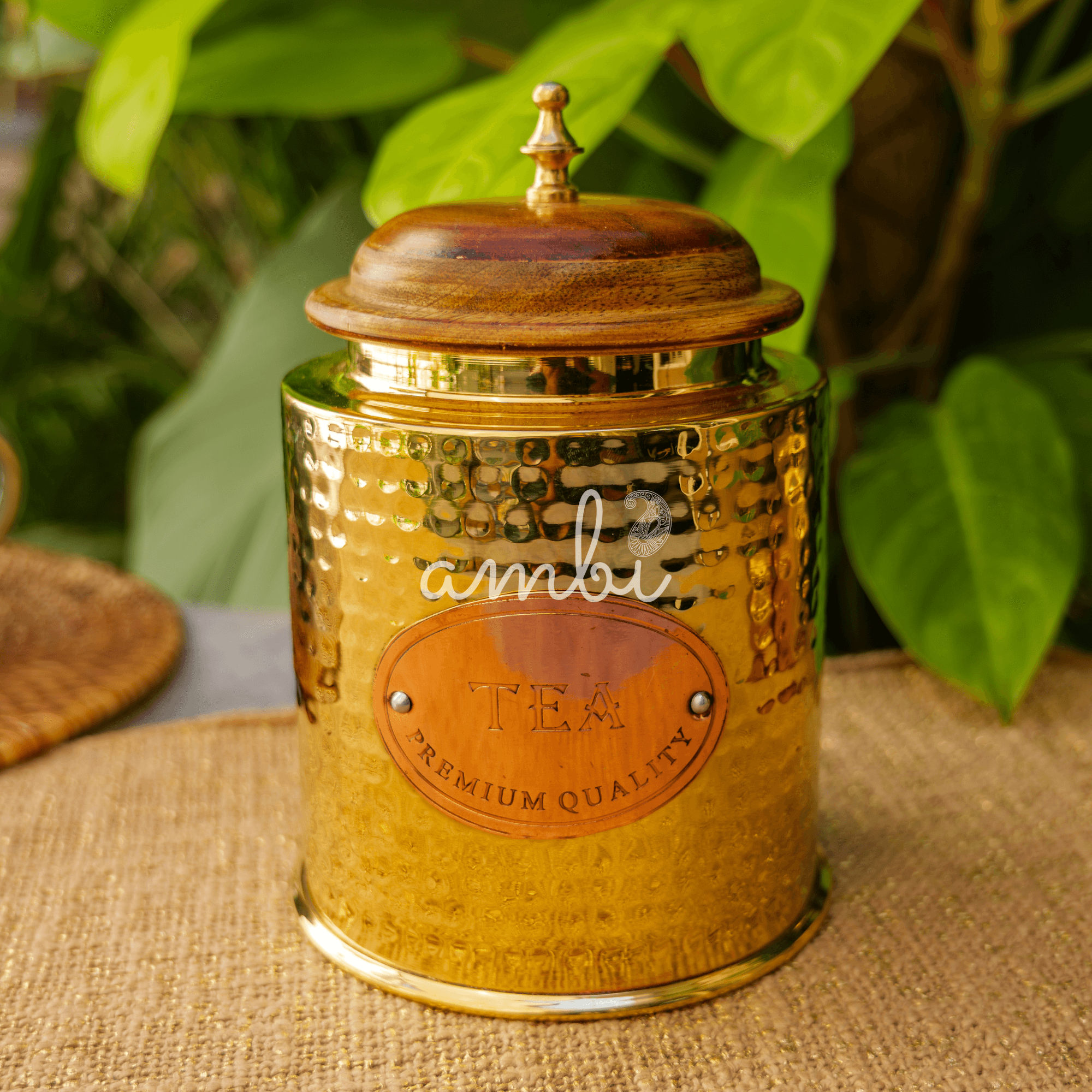 Tea Jar - Pure Brass Hammered Jar Storage Container - Large - Wood Lid