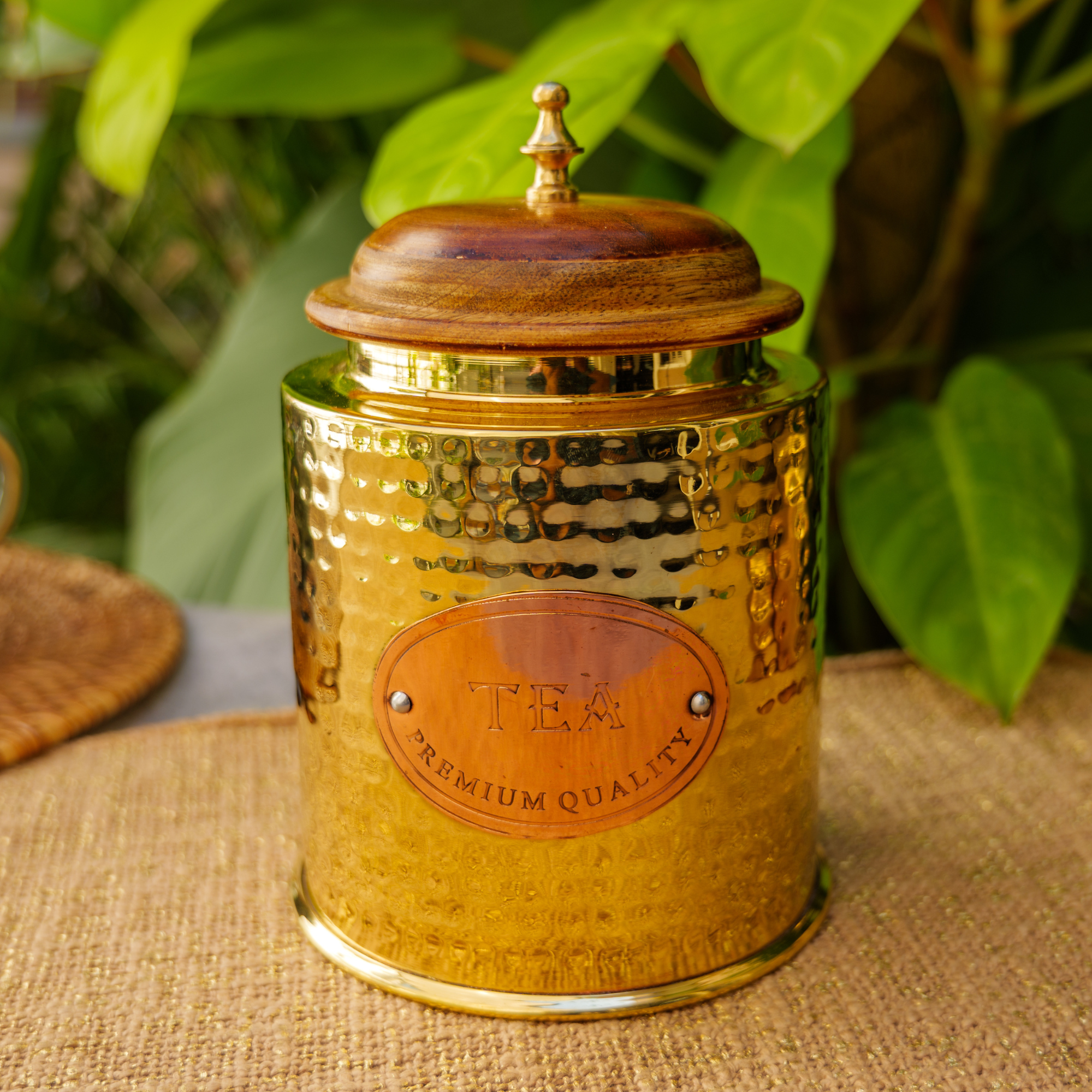 Tea Jar Pure Brass Hammered Jar Storage Container Large Wood Lid