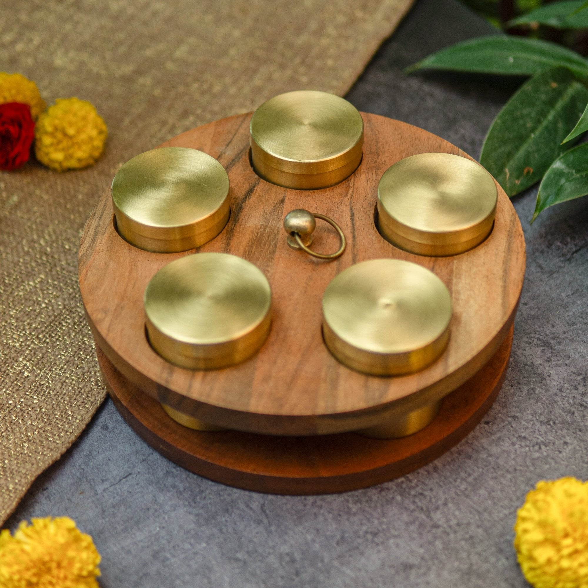 Classic Charm Pure Brass Spice Box Masala Daani with 5 Spice Containers