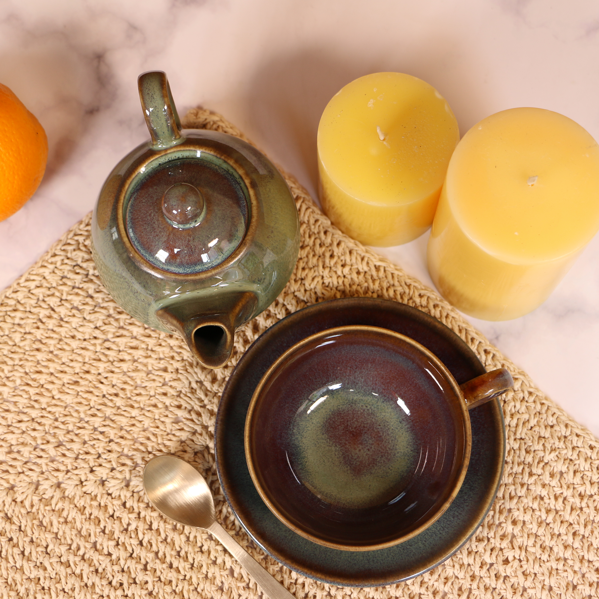 Unique Handmade Sage Green Tea Set (cup, saucer and kettle)