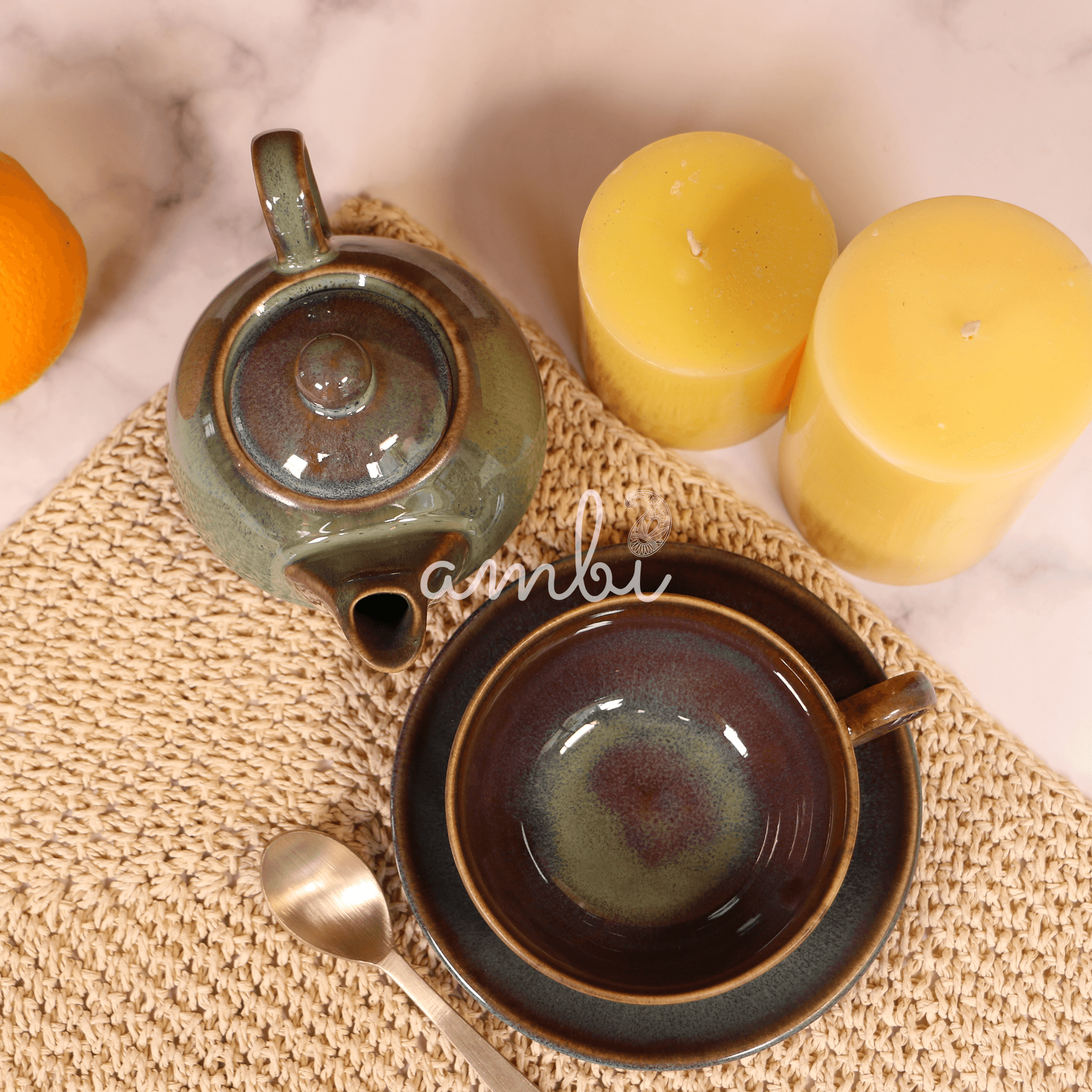 Unique Handmade Sage Green Tea Set (cup, saucer and kettle)
