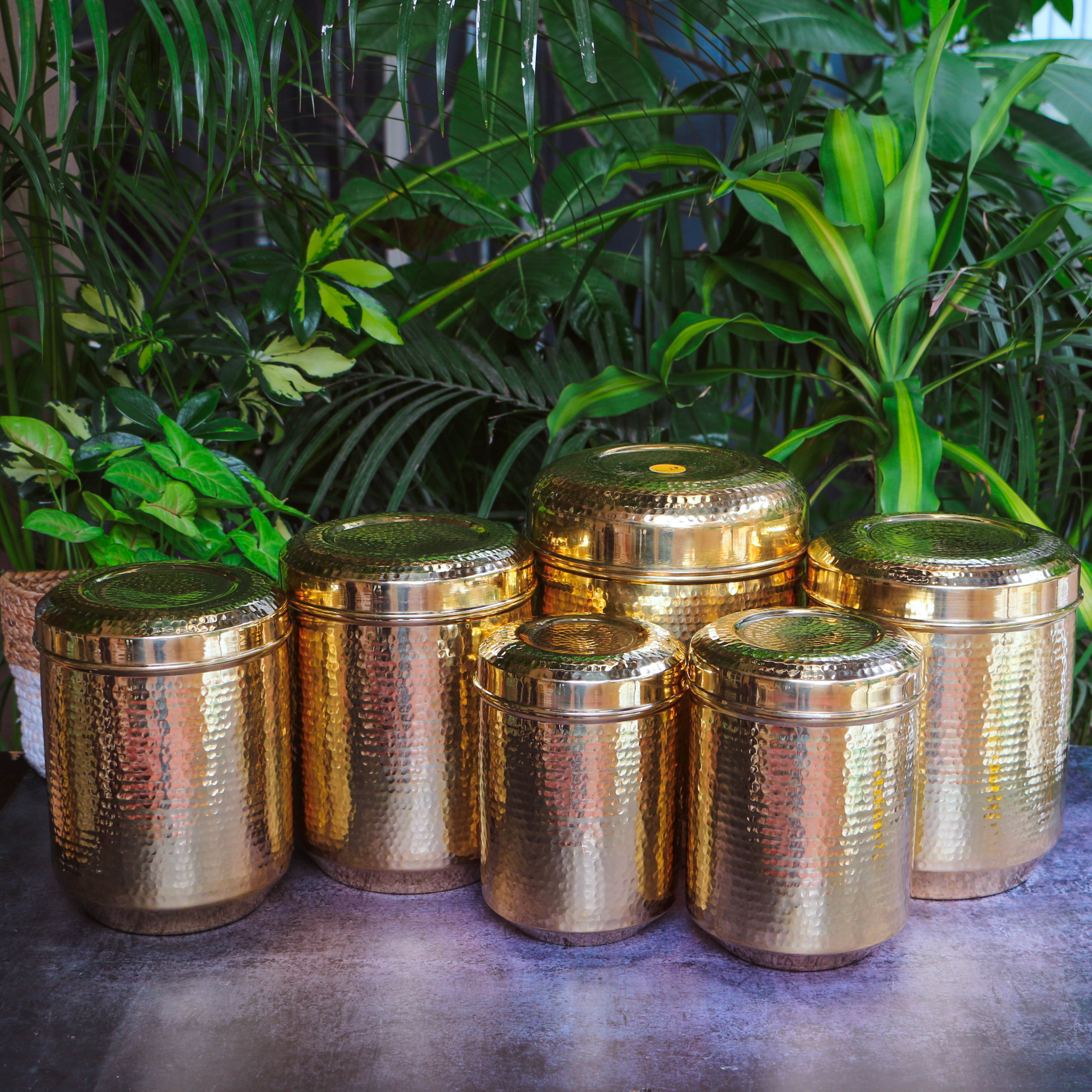 Pure Brass Kitchen Storage Boxes - Set of 6 Boxes - Heavy Grade - Hammered Finish