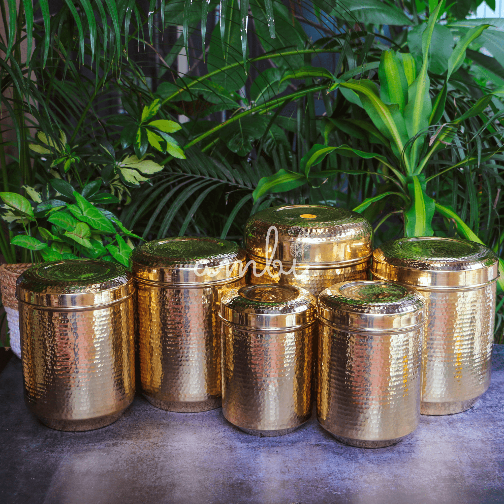 Pure Brass Kitchen Storage Boxes - Set of 6 Boxes - Heavy Grade - Hammered Finish