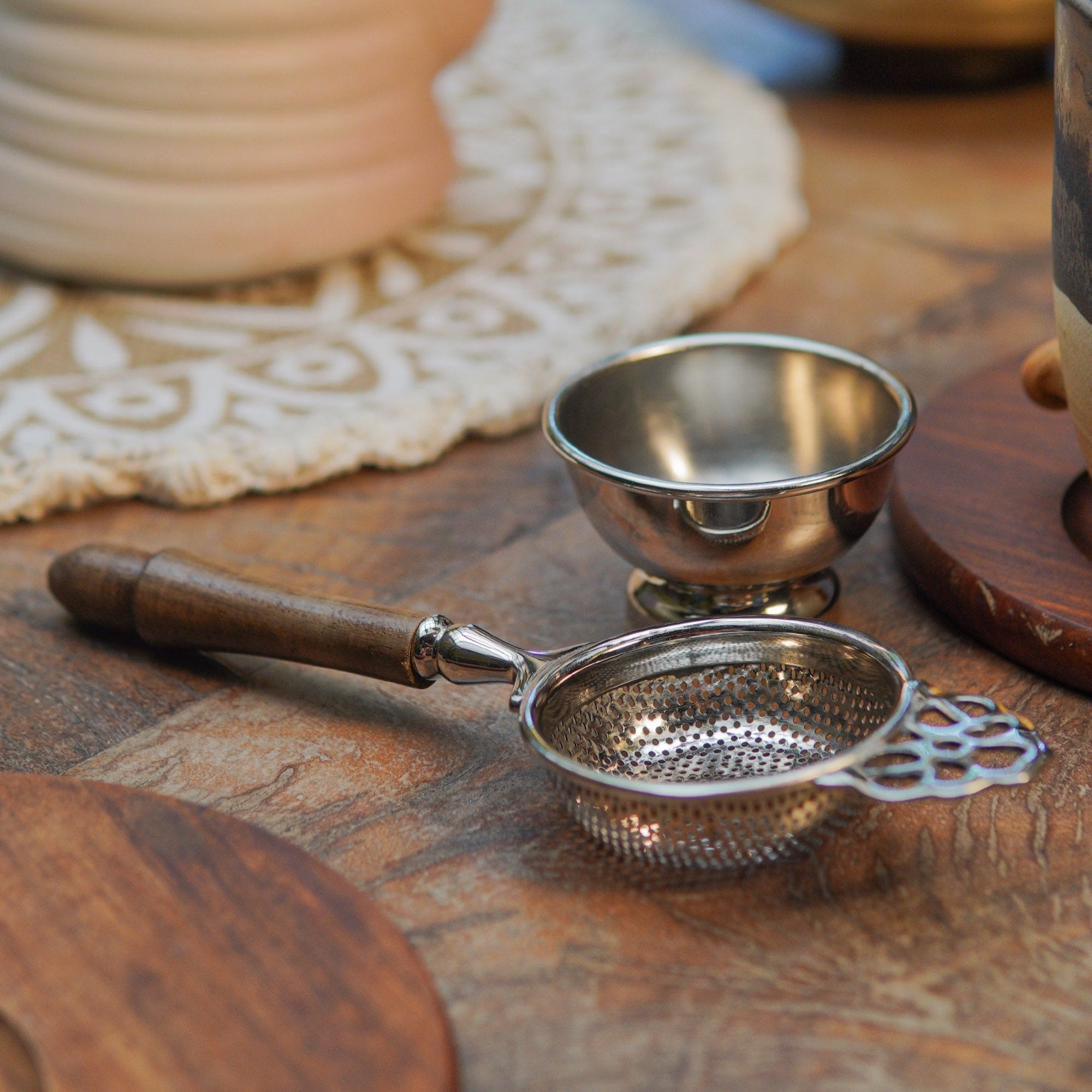 Matte Finish Brass Medium Sized Tea Strainer Silver 2 Piece Set With Wooden Holder
