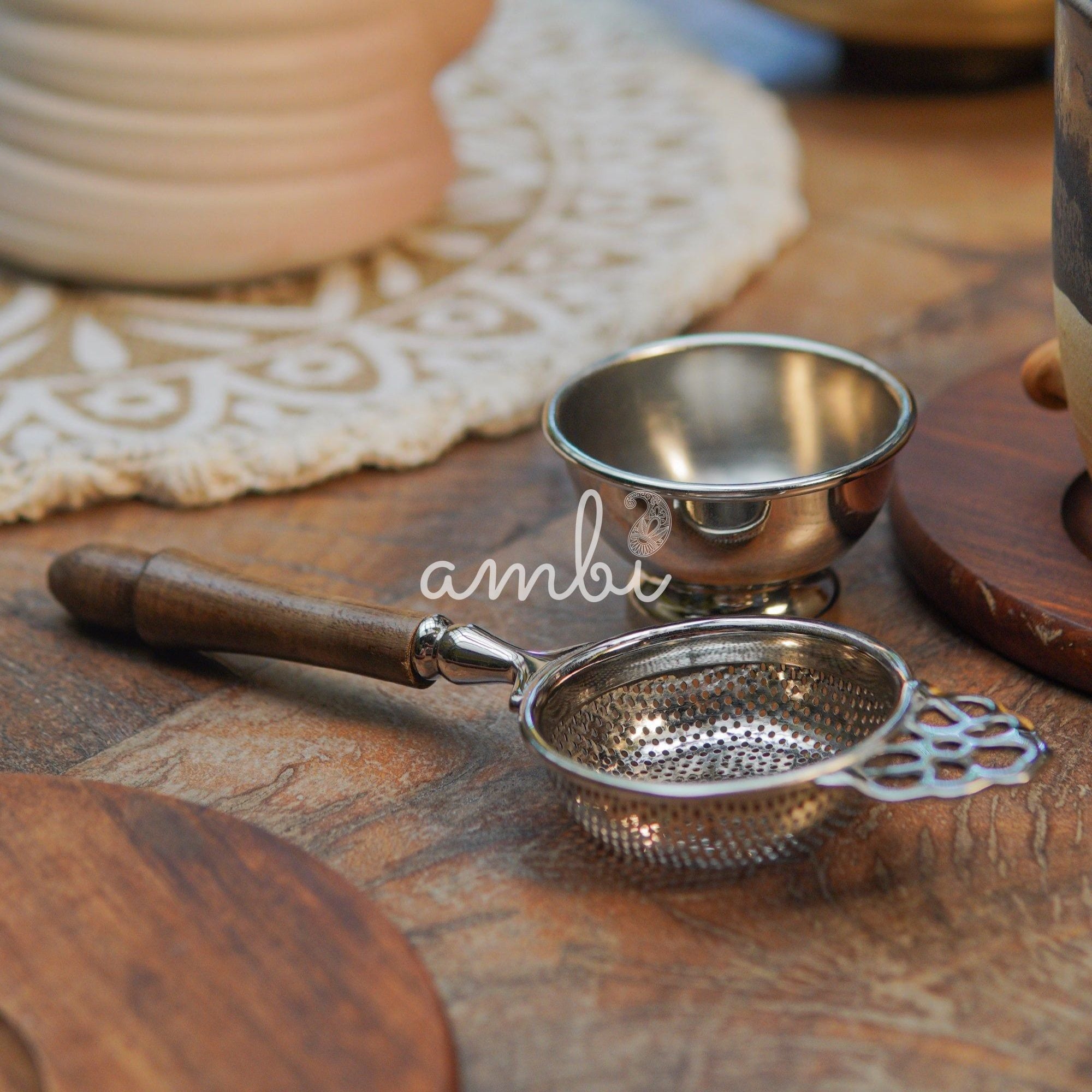 Matte Finish Brass Medium Sized Tea Strainer Silver 2 Piece Set With Wooden Holder