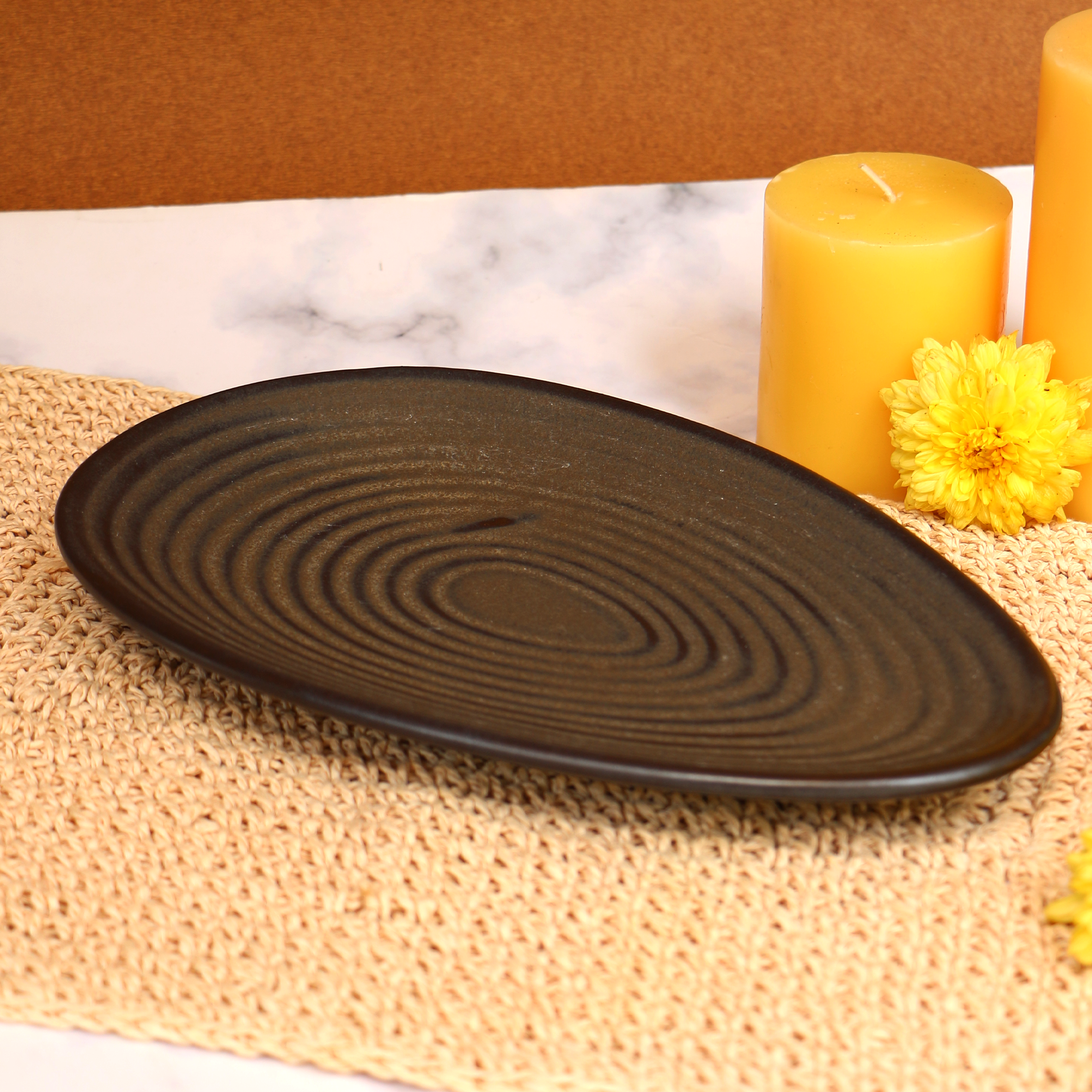 Handmade Ceramic Charcoal Black Almond Serving Platter 10 inches