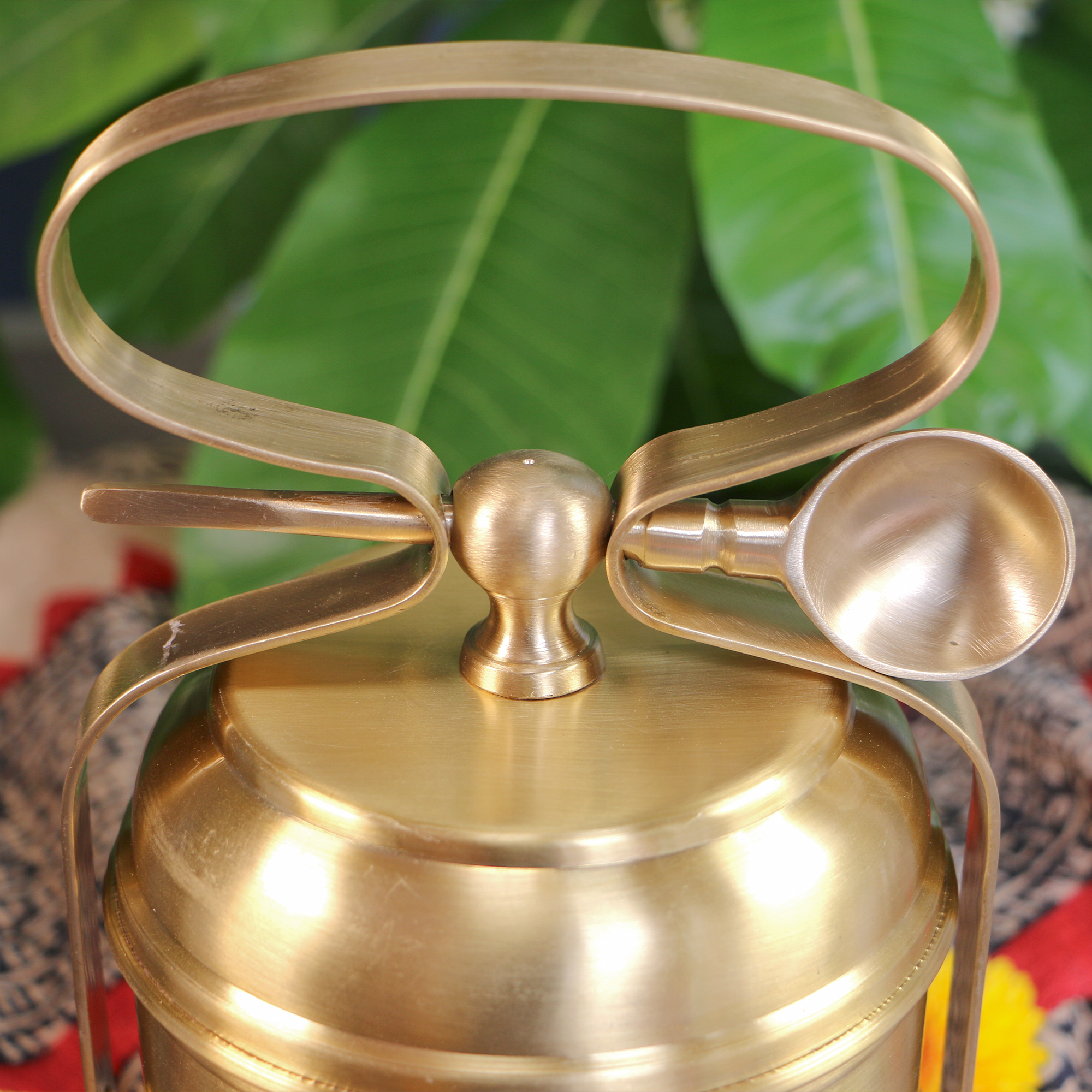 AMBI Super Elegant Pure Brass 2 Tier Tiffin Set in Matte Finish with Spoon