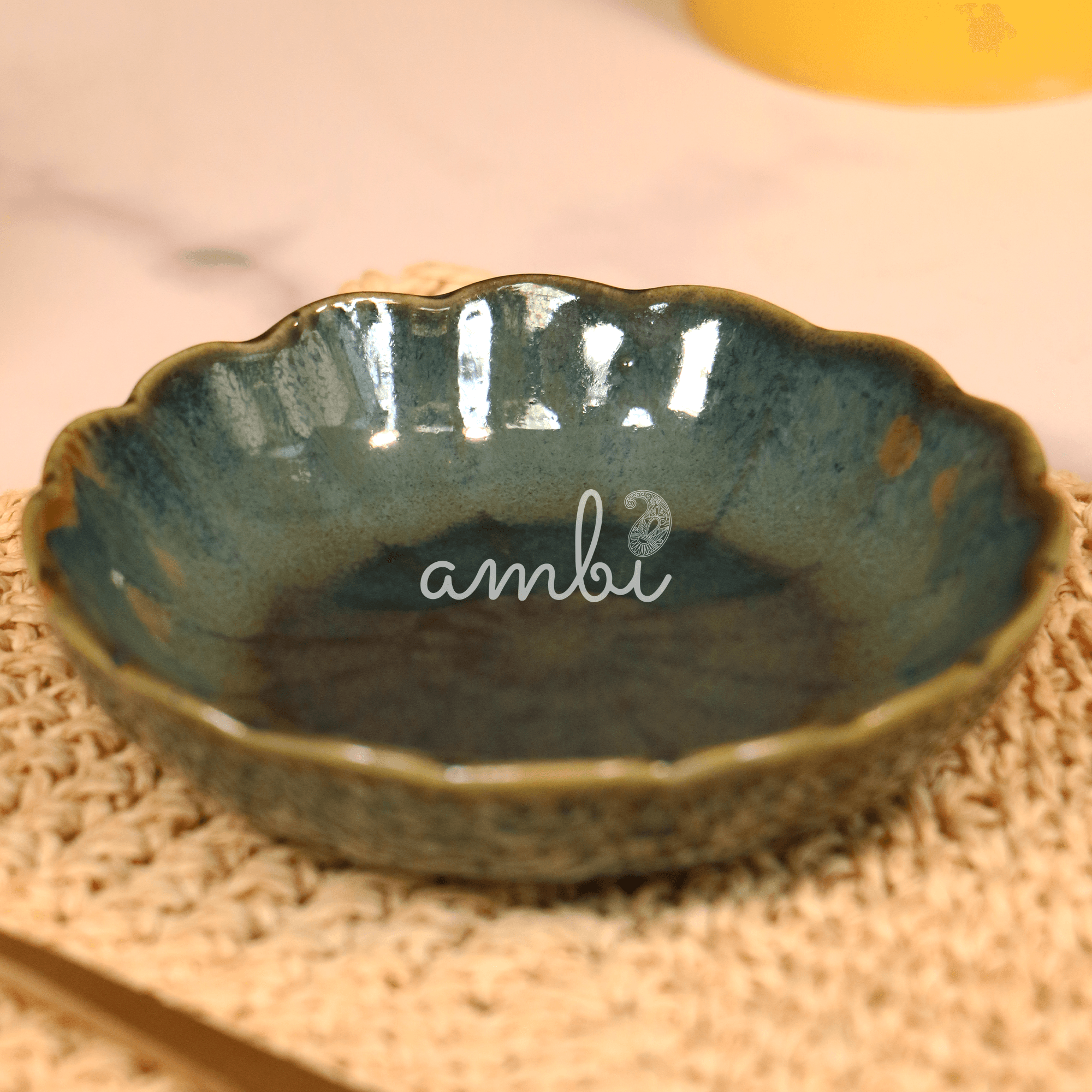 Ambi Handmade Floral Shaped Olive-Green Chutney Bowl 4 inches