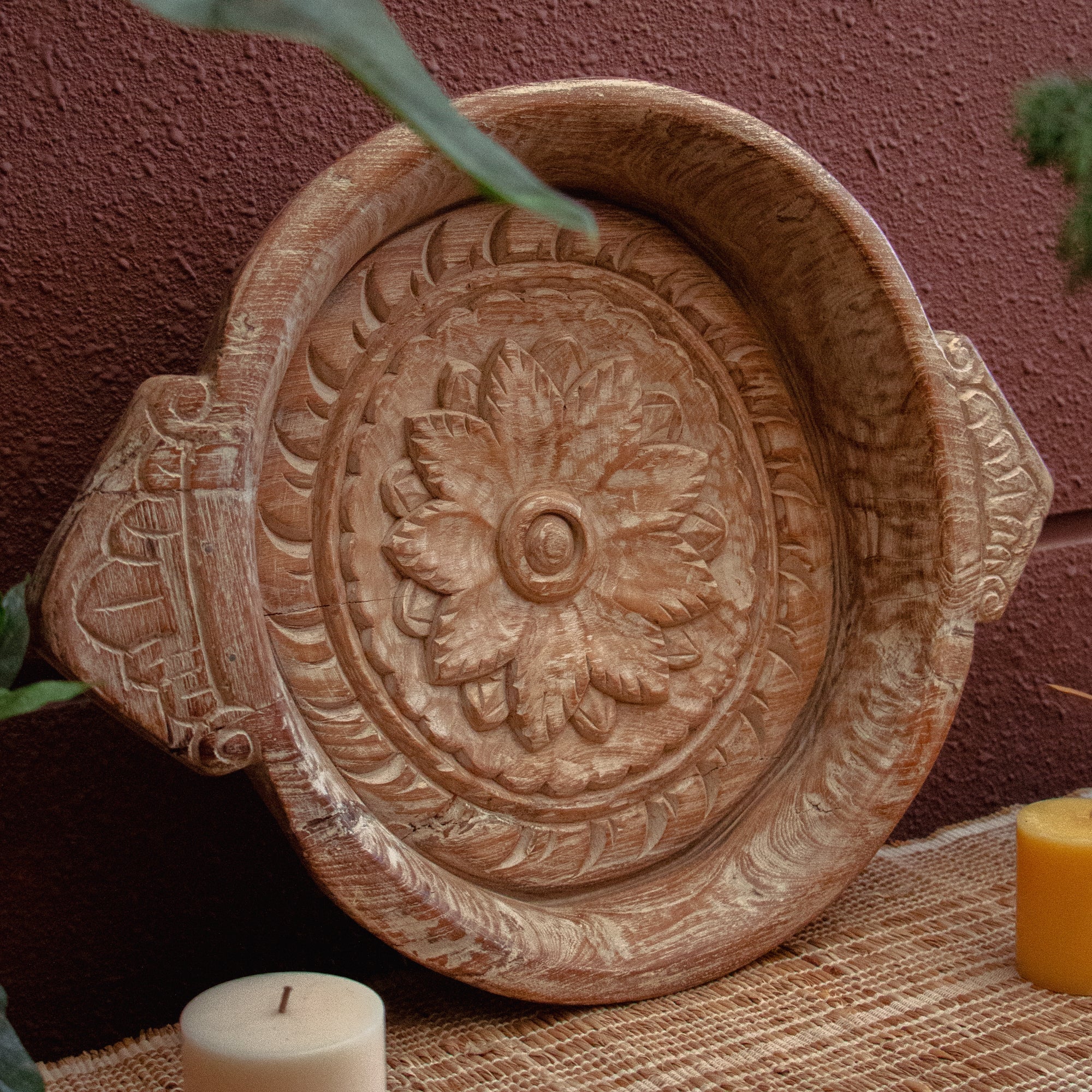 Vintage Wooden Parat - Heavy Base - Floral Pattern