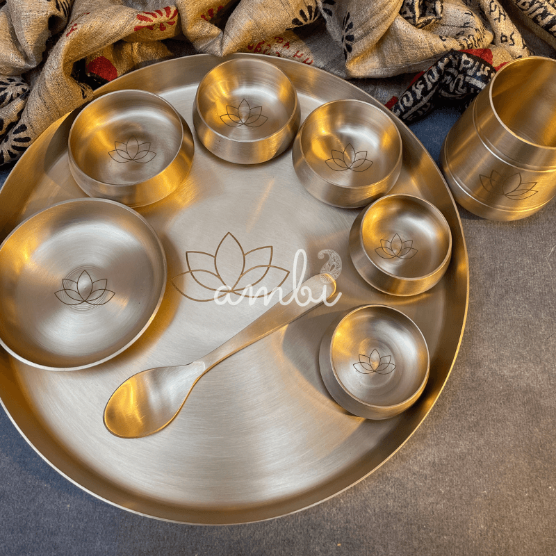 AMBI Curved Kansa Thali Set with Laser Cut Lotus Design - Matt Finish - Heavy Grade (Set of 10 Pieces)