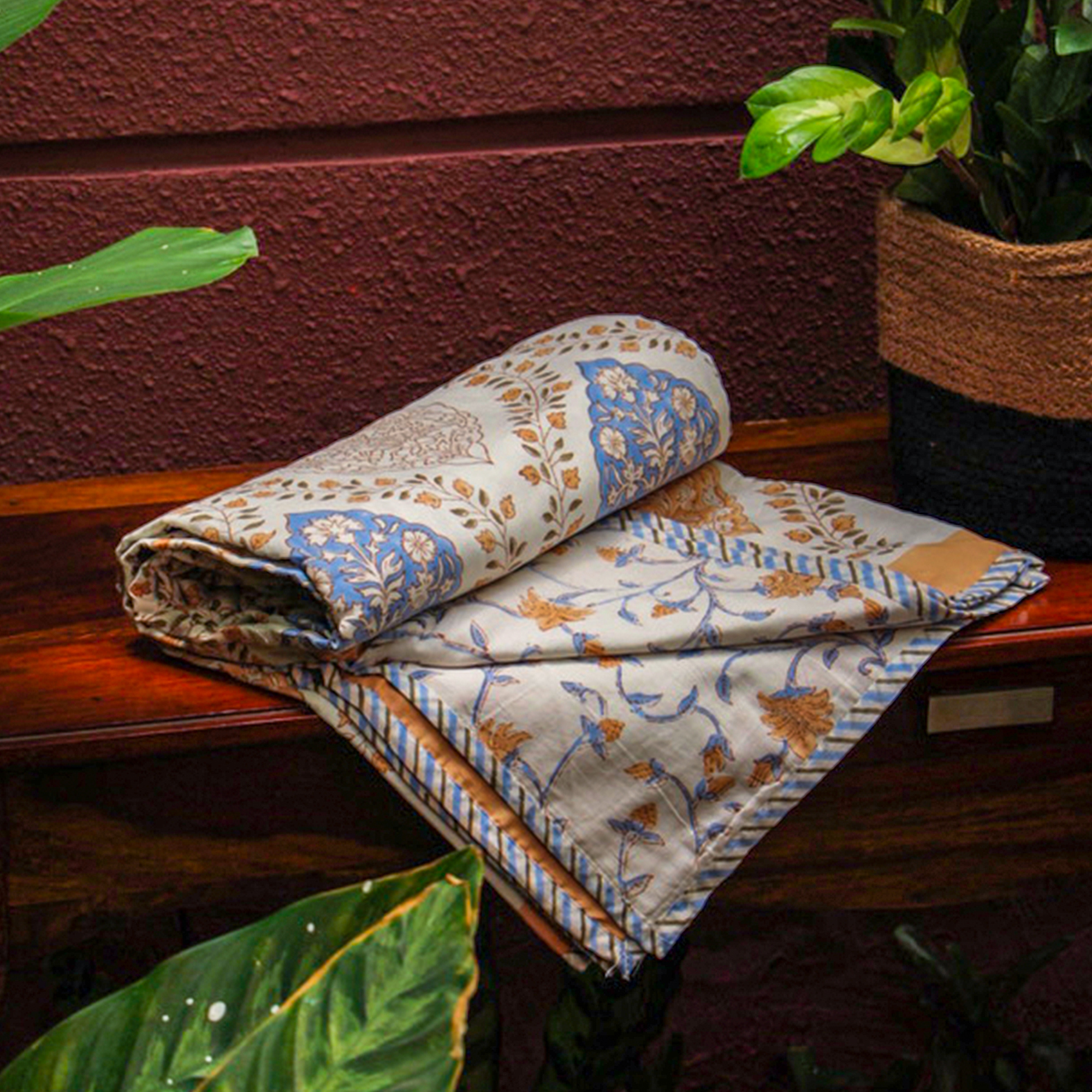 2026 Collection - Blue Brown Jaipuri Floral Mulmul Triple Layer Reversible Dohar (Single Bed, Pair of 2) - 60X90 Inches