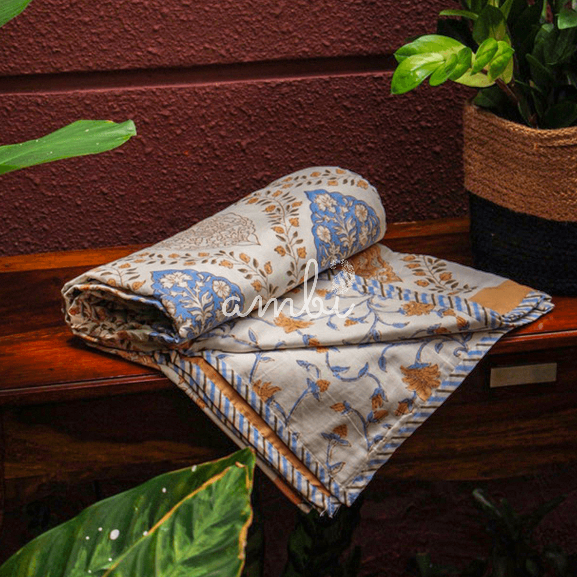 2026 Collection - Blue Brown Jaipuri Floral Mulmul Triple Layer Reversible Dohar (Single Bed, Pair of 2) - 60X90 Inches