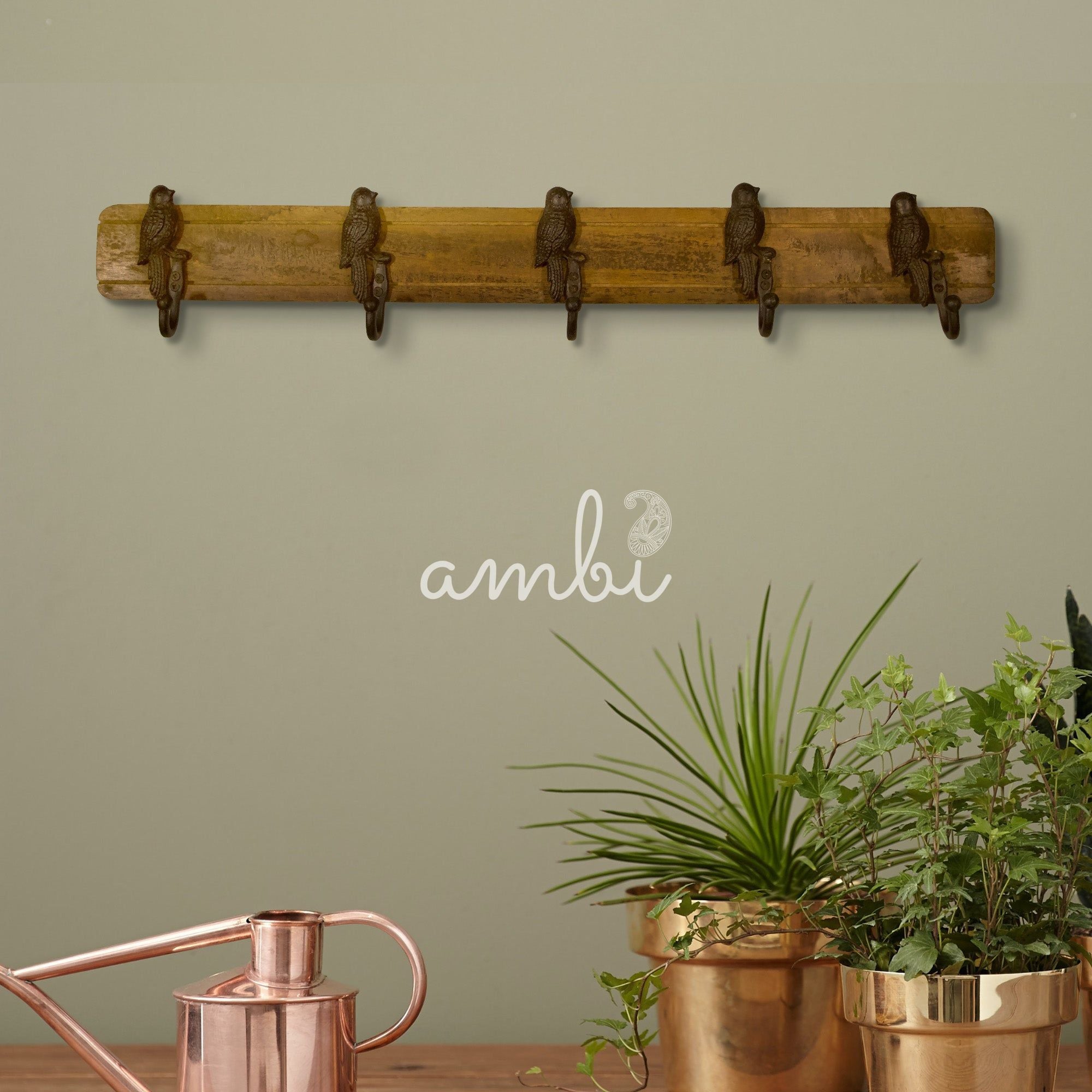 Rustic Wood Base Bird Shaped 5 Hooks - Brown Color