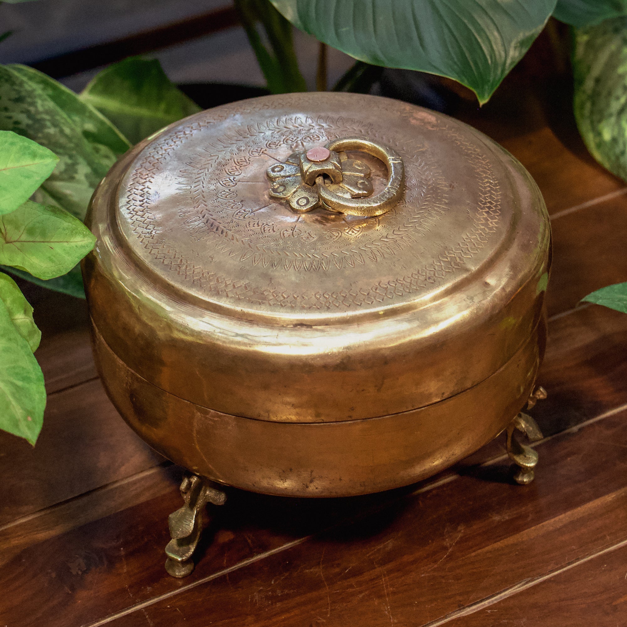 Handcrafted Vintage Floral Engraved Brass Chapati Box on Legs - Small