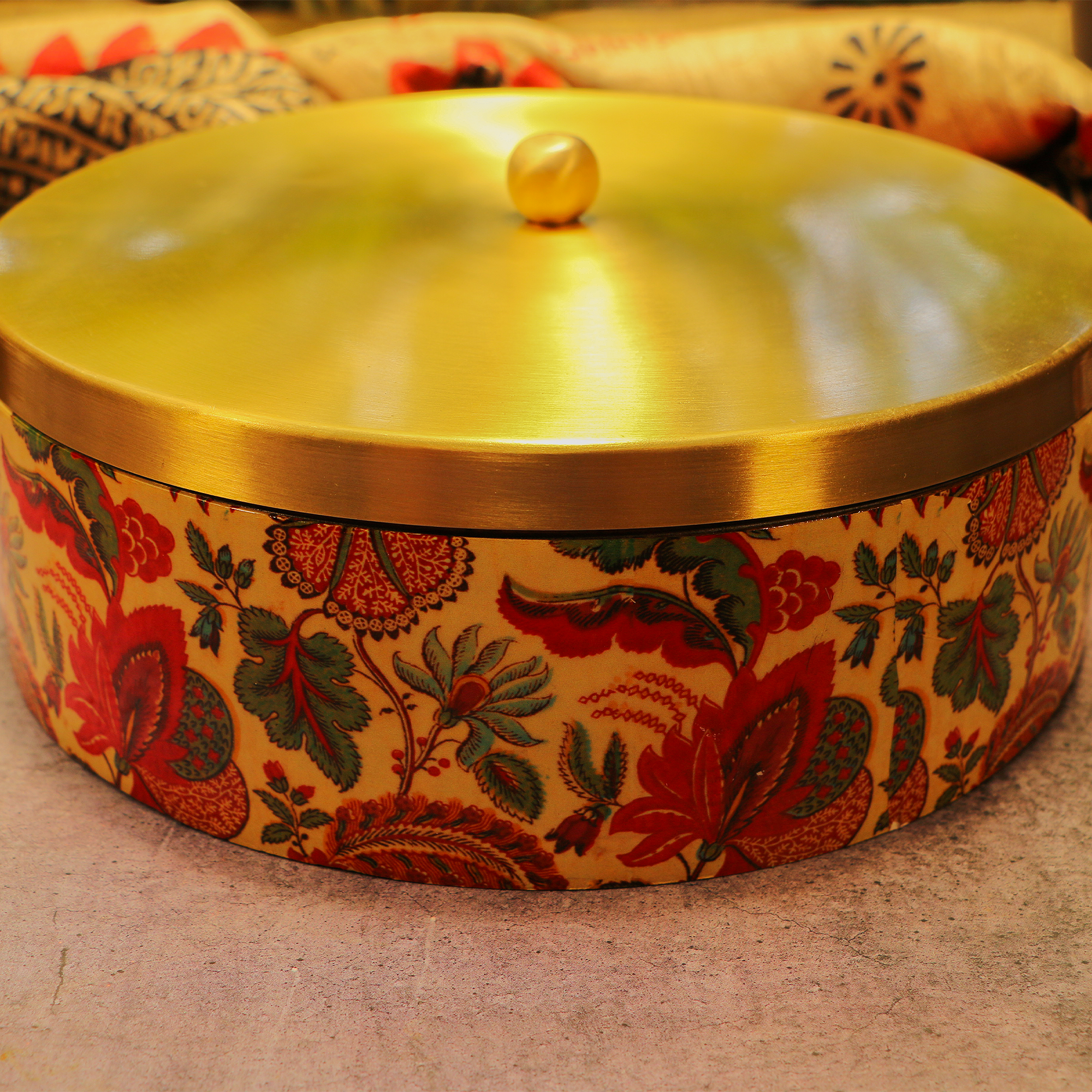 Elegant Brass and Wooden Floral Chapati / Roti Box - 9 Inches Diameter with Tongs