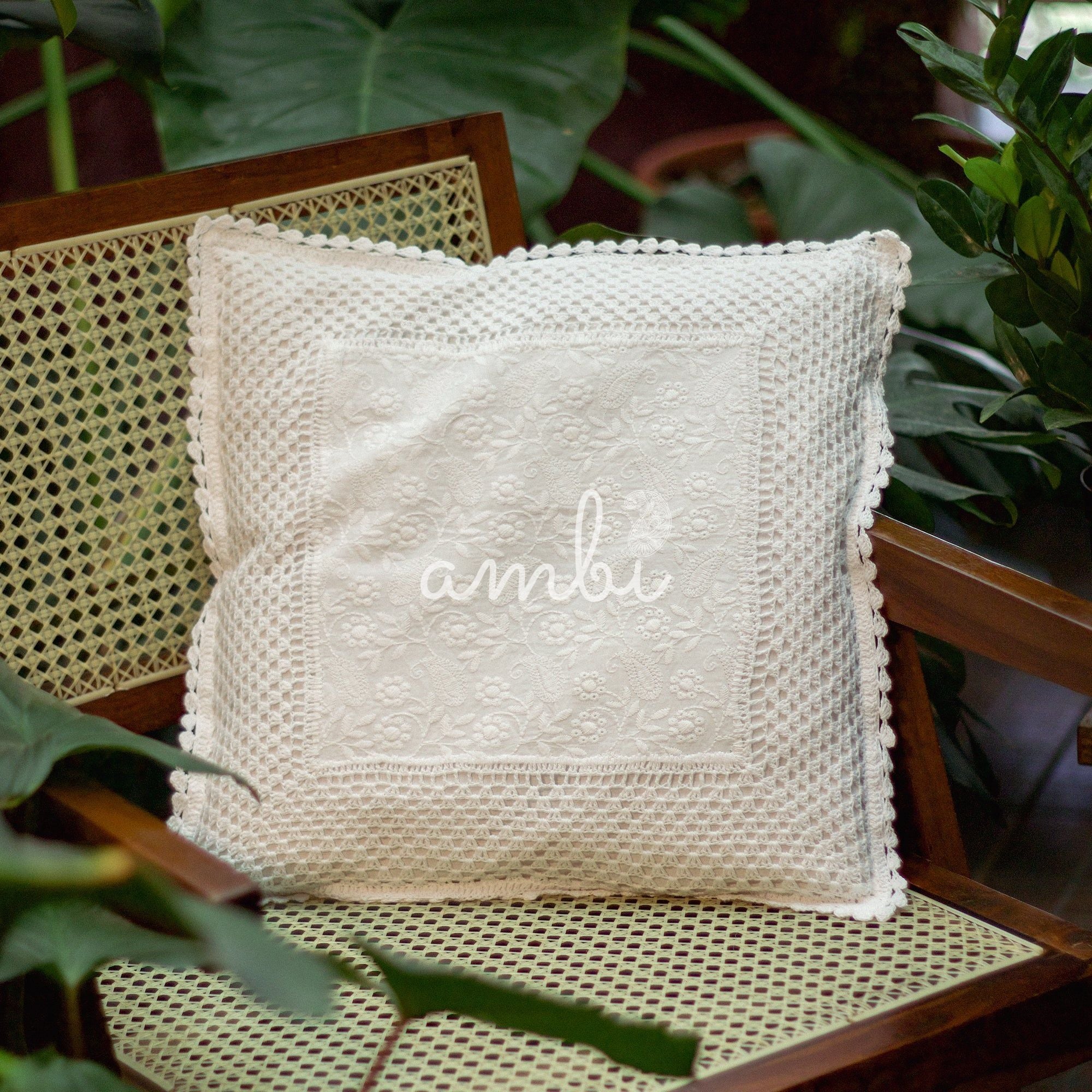 2026 Collection - Hand-Embroidered Plain White Crochet Cushion Cover - 16 X 16 inches - Set of 5