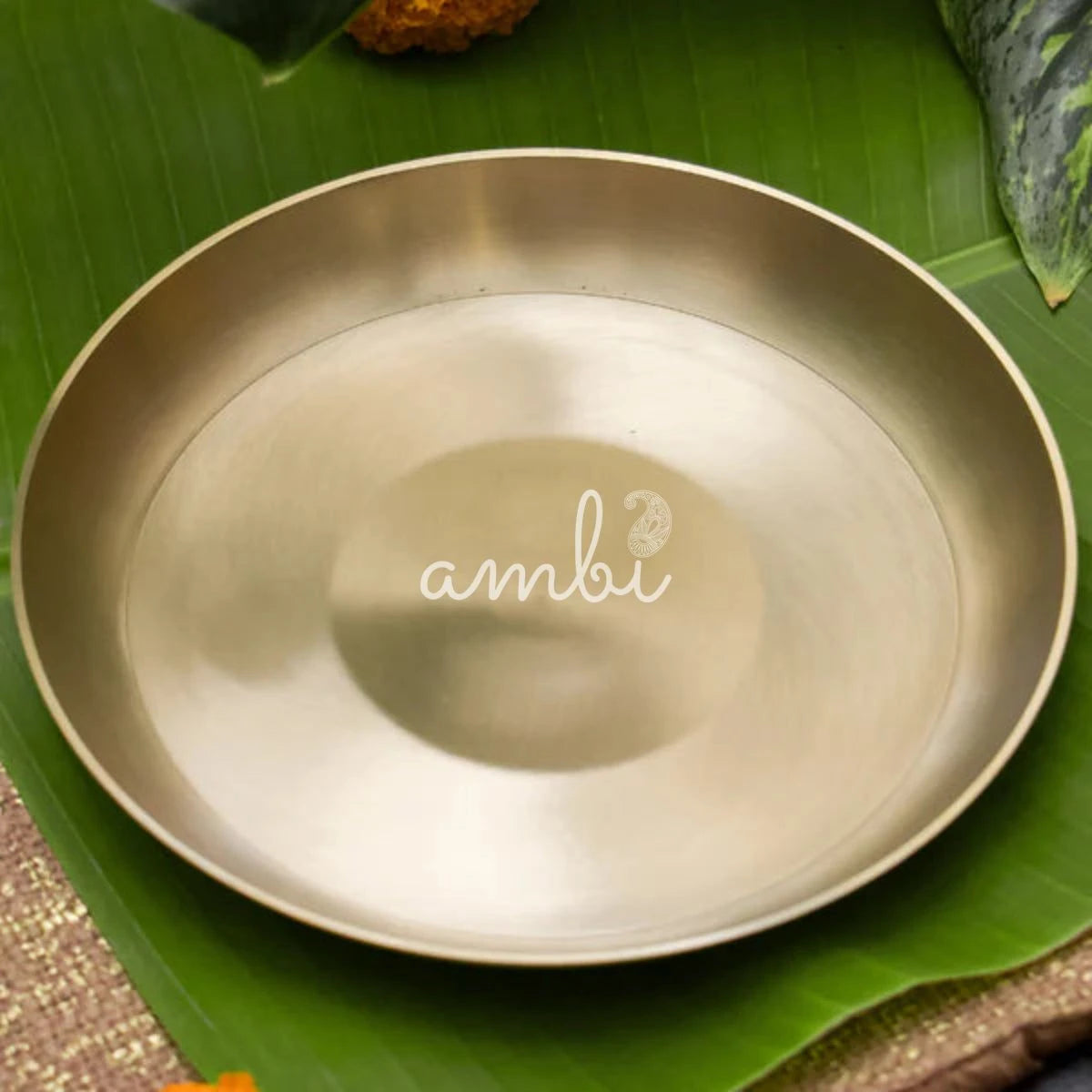 AMBI 100% Pure Lead Free Kansa Regular Dining Plate / Thali / Pooja Plate Shiny Finish - Curved Edge - 11.5 Inch