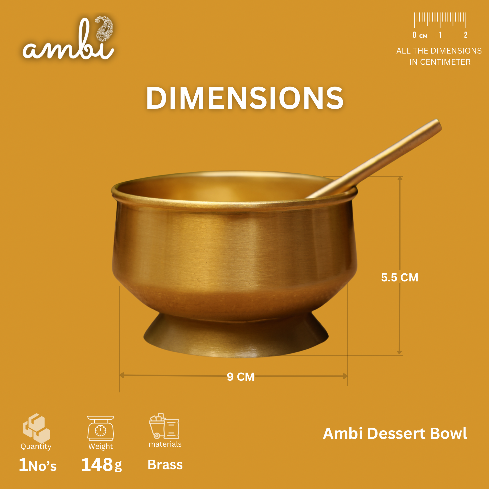 Ambi Pure Brass Dessert/ Icecream Bowl (with spoon) - Set of 2