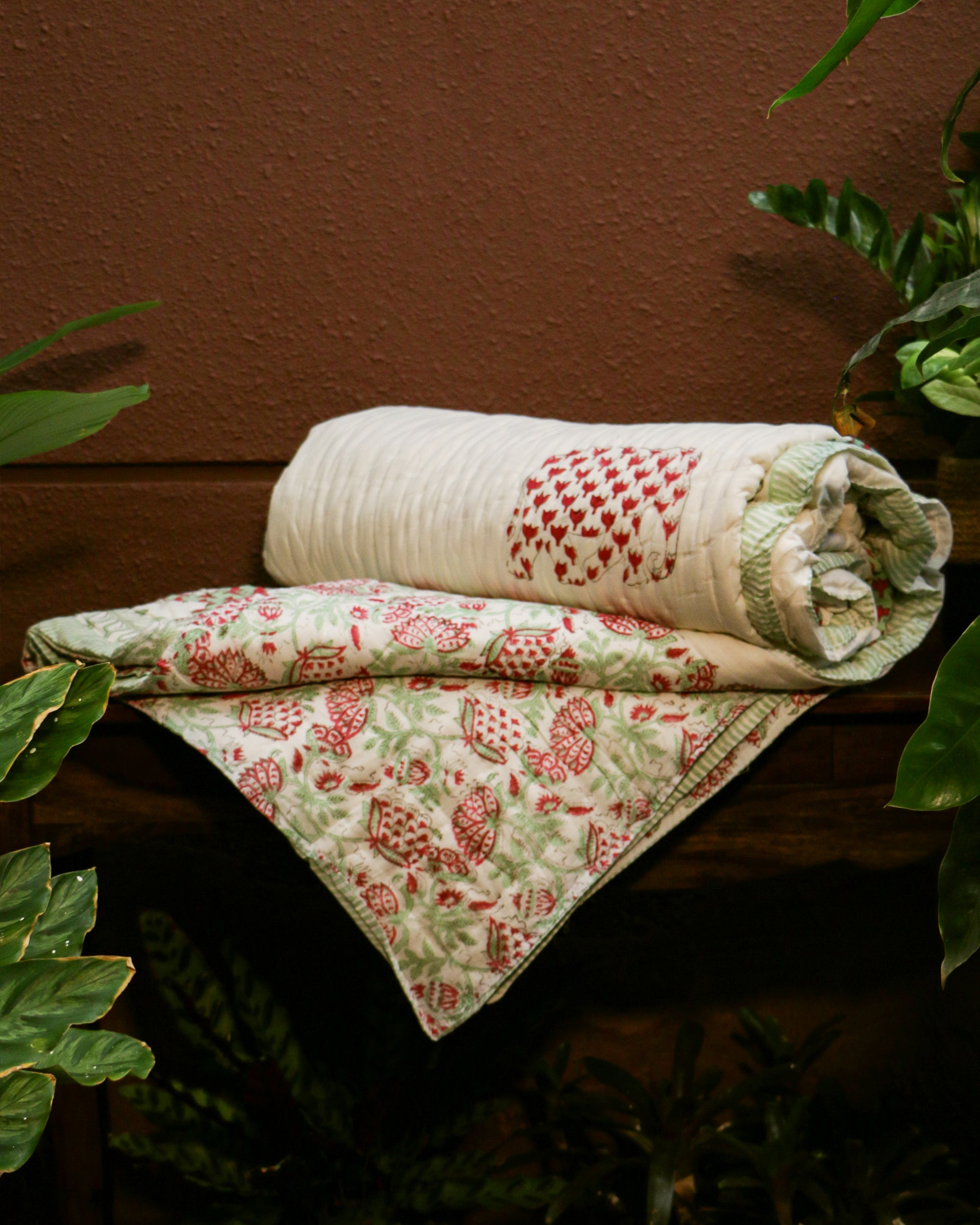 Diwali 2025 Collection - Elephant Lotus Hand Block Printed Jaipuri Rajai / Quilt- Double - 90X108 Inches