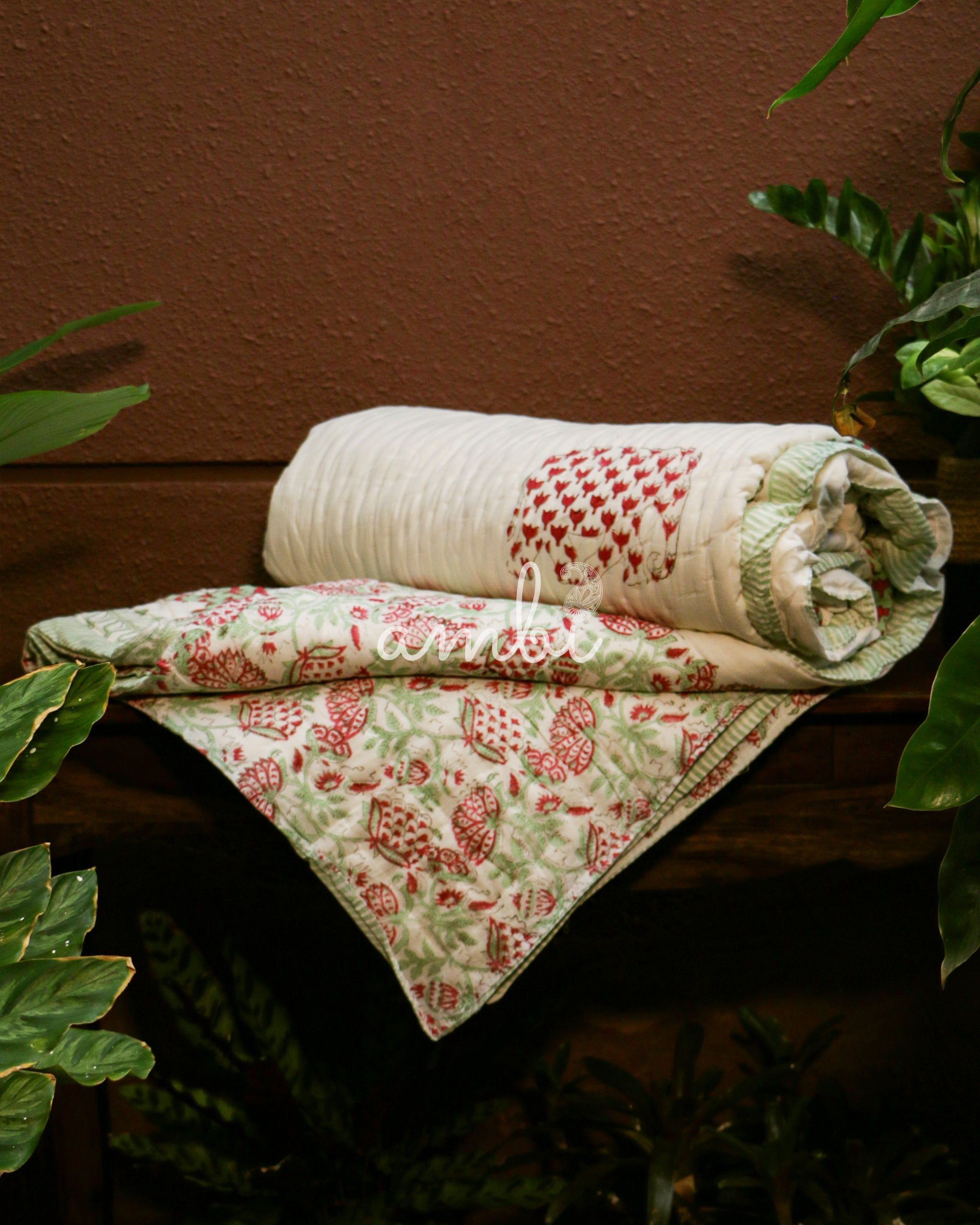 2026 Collection - Elephant Lotus Hand Block Printed Jaipuri Rajai / Quilt- Double - 90X108 Inches