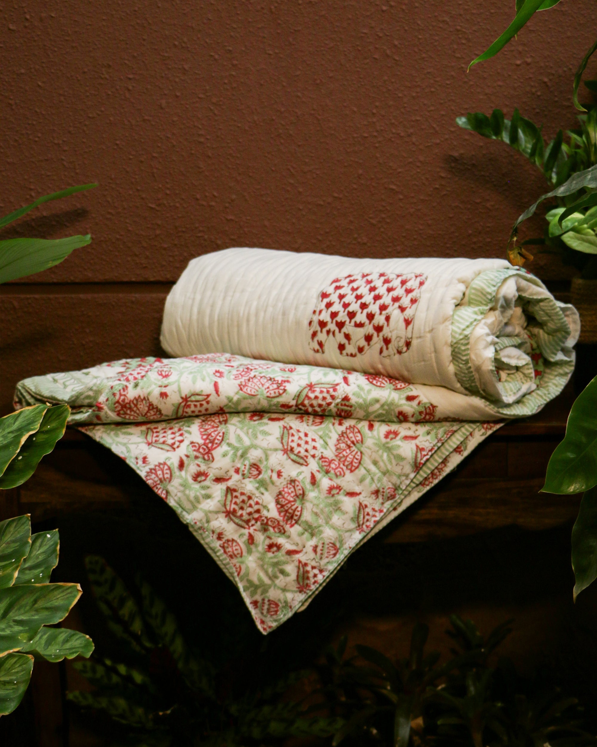 2026 Collection - Elephant Lotus Hand Block Printed Jaipuri Rajai / Quilt- Double - 90X108 Inches