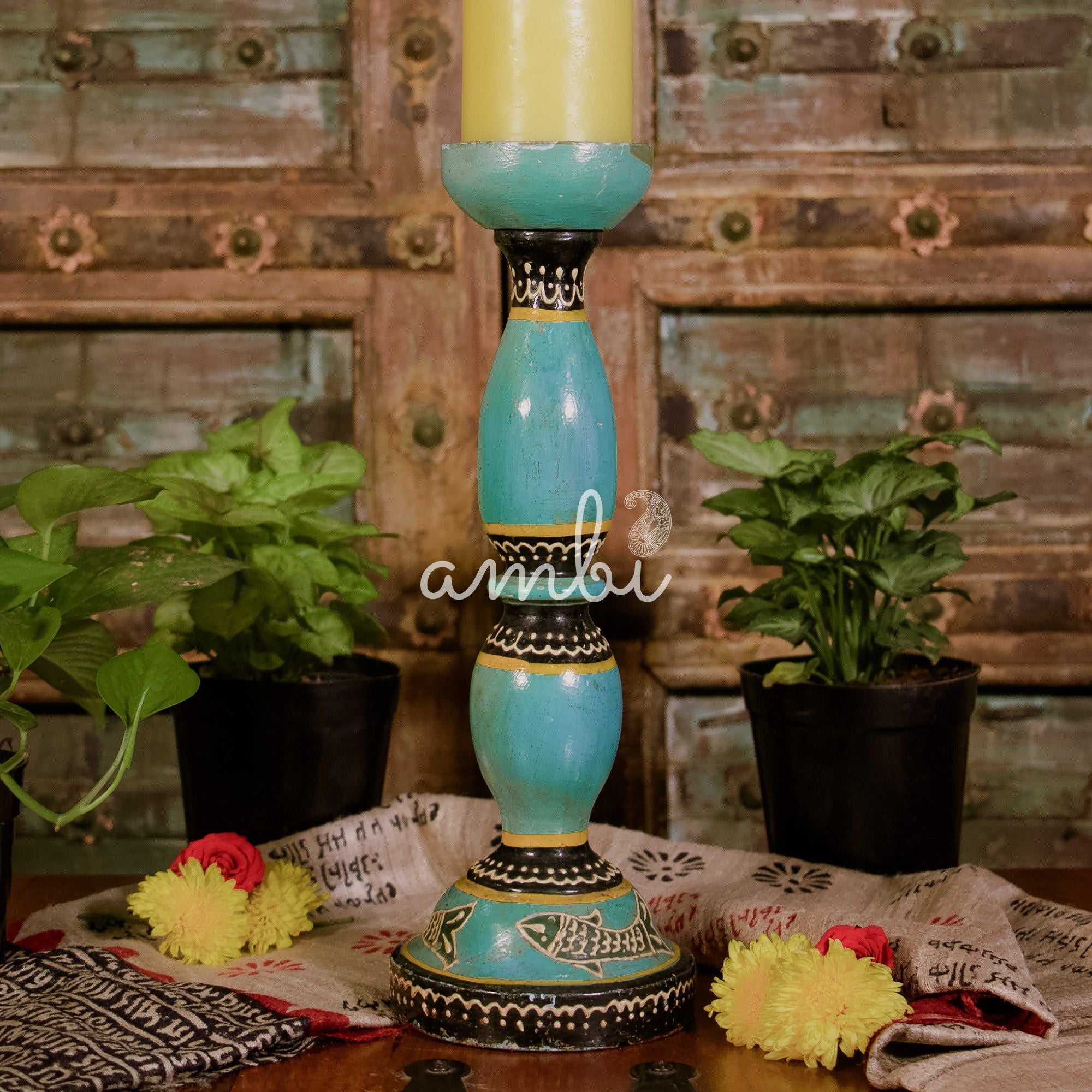 Wooden Candle Rustic Look Stand - Cyan