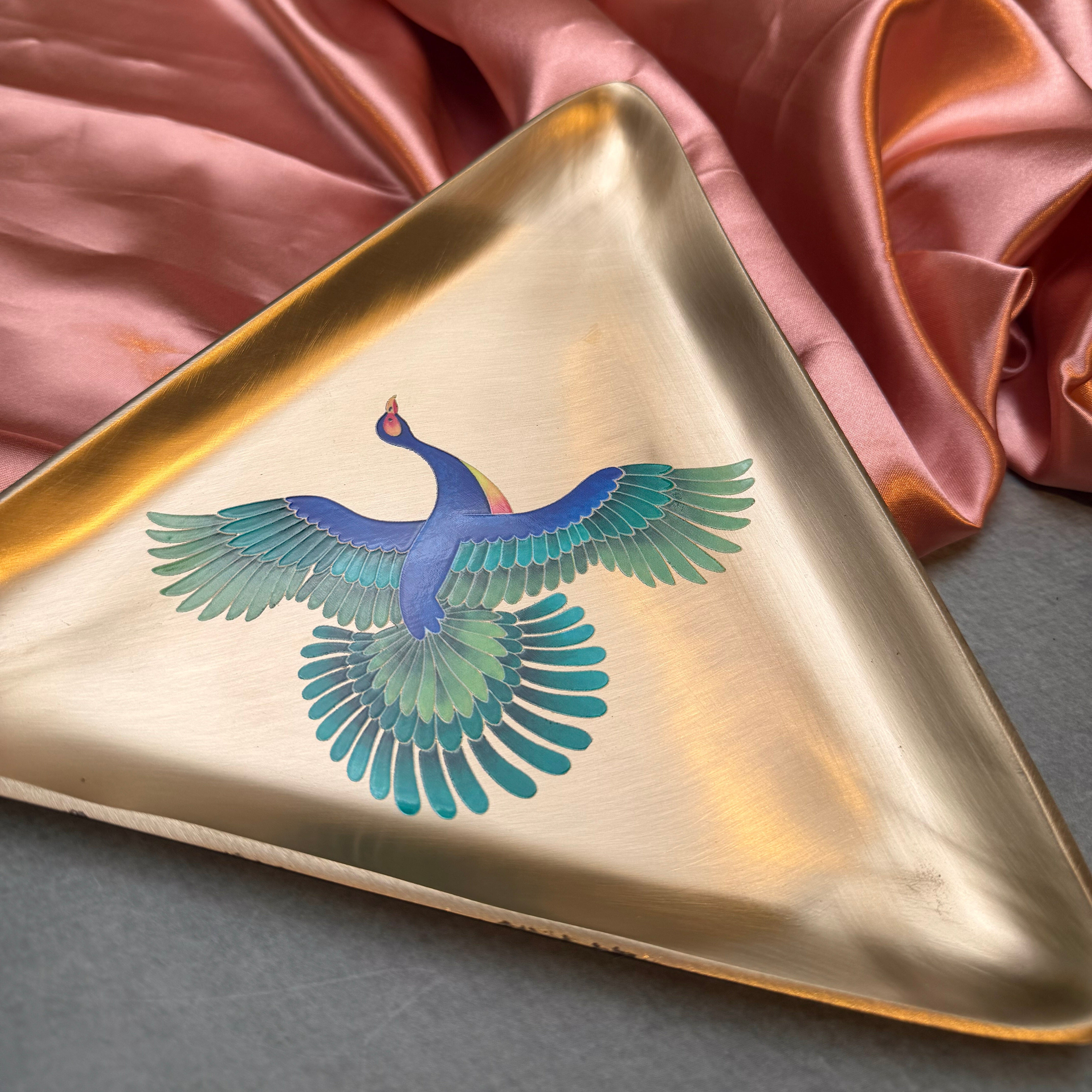 AMBI 100% Pure Kansa Pattachitra Birds - Hand-Painted Finish Triangle Platter | Heavy | Smooth Finish