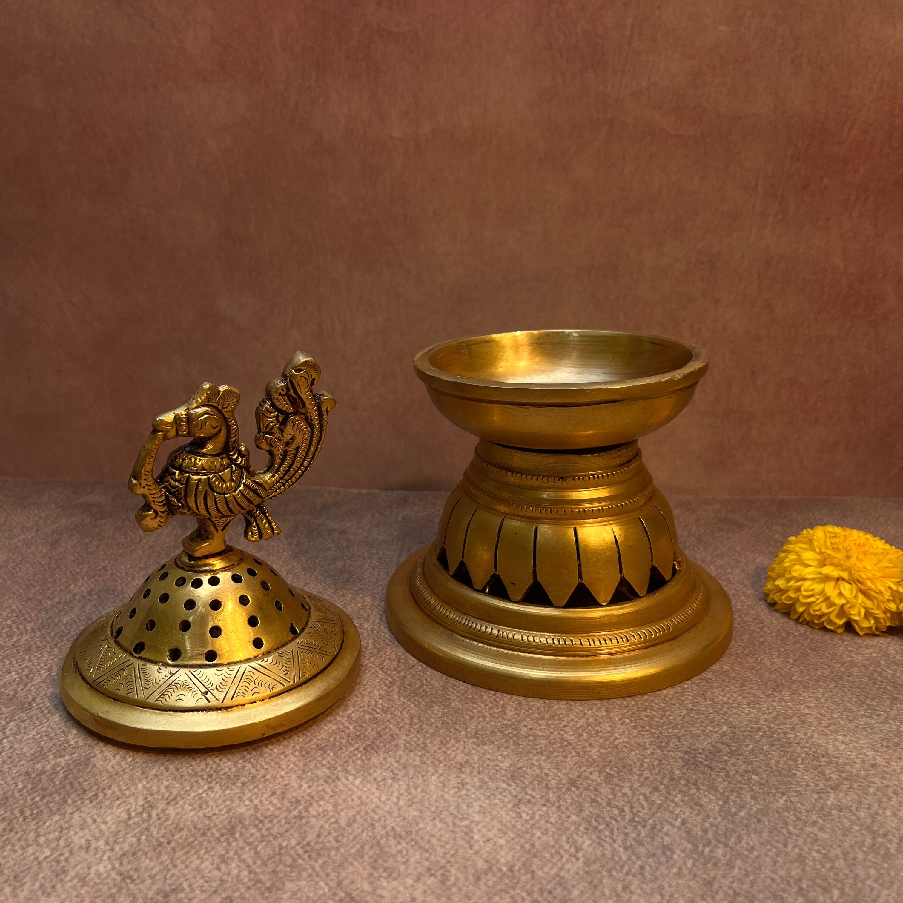 Lotus Base Peacock Top Brass Dhuni Loban Sambrani Incense Burner (Large)