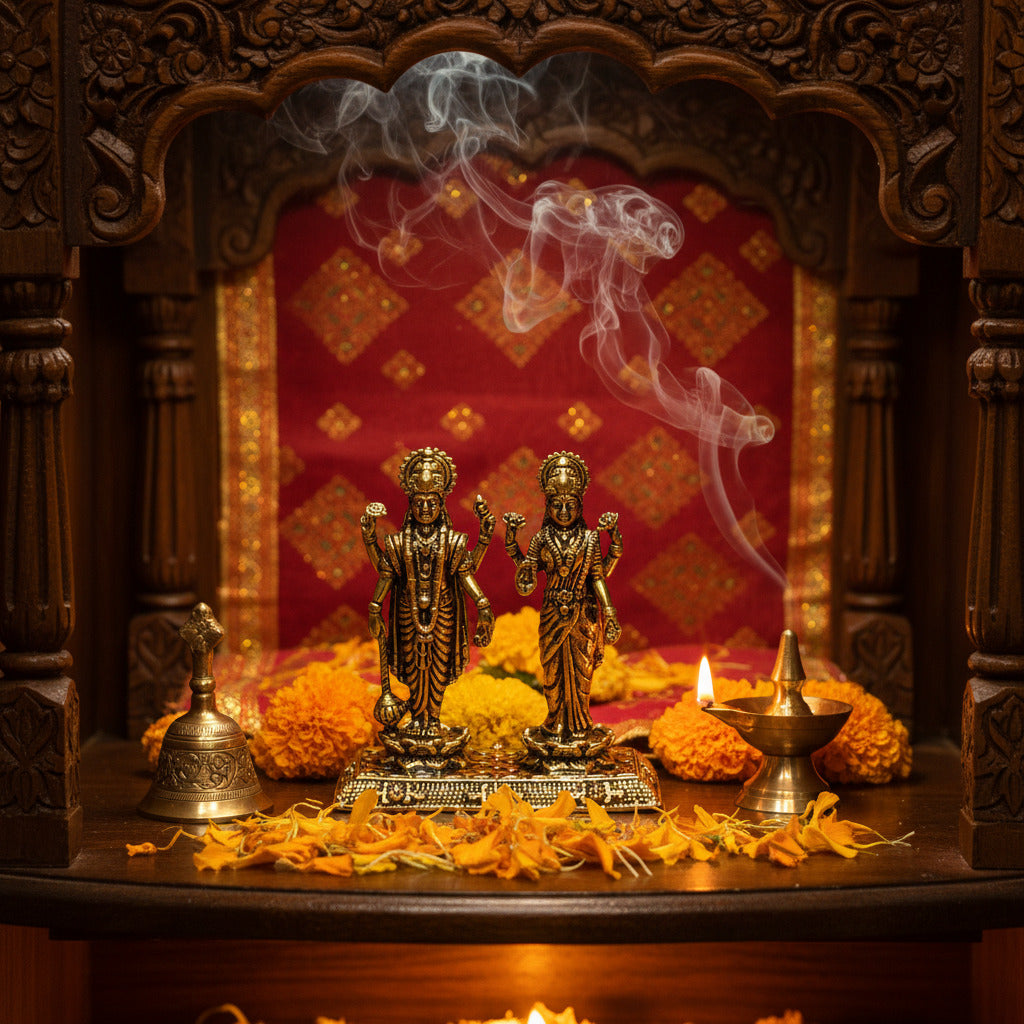 AMBI Pure Brass Vishnu and Laxmi Idol for Home Mandir Puja