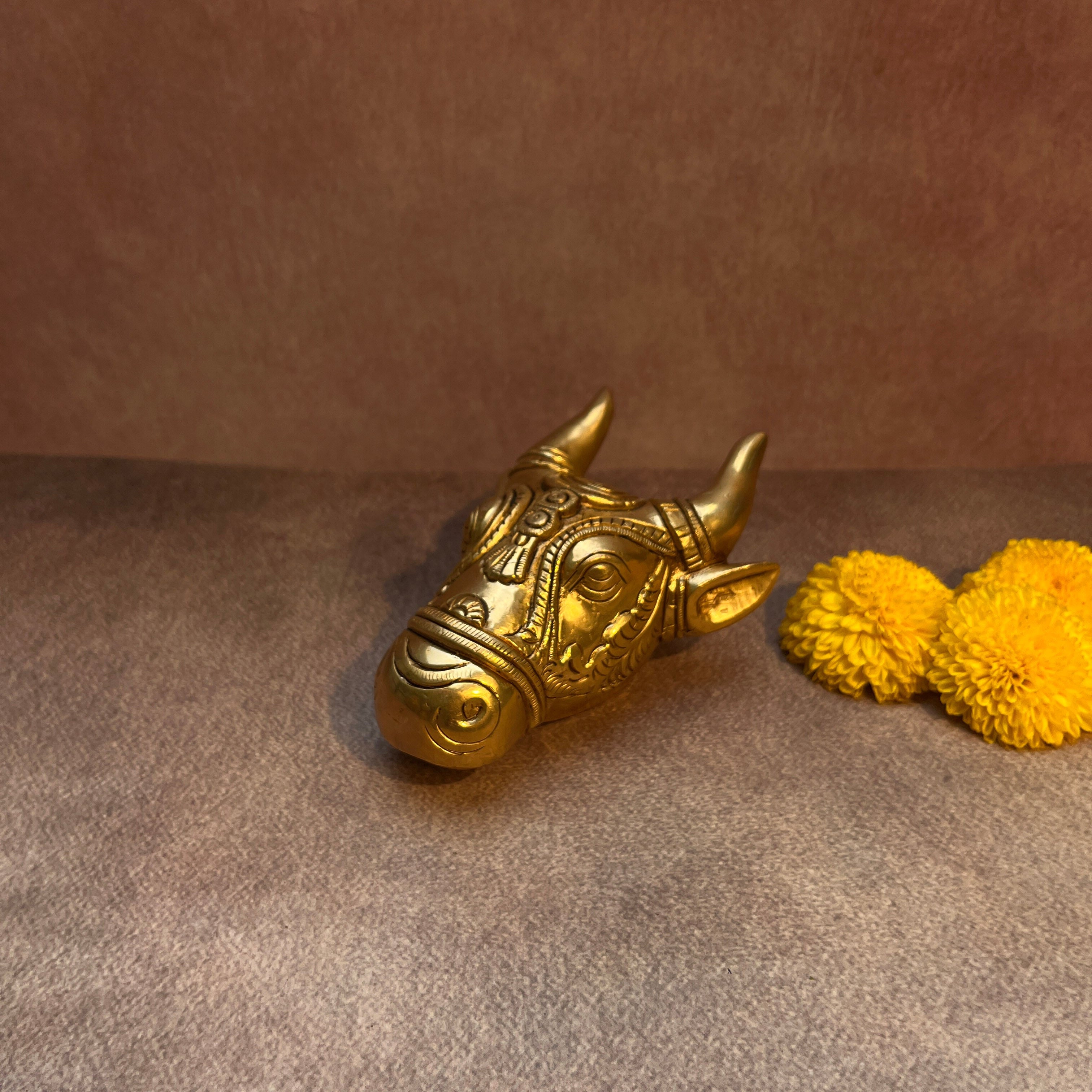 Ambi Pure Brass Nandikeshvara / Nandideva Face Sculpture (Antique Gold Finish)