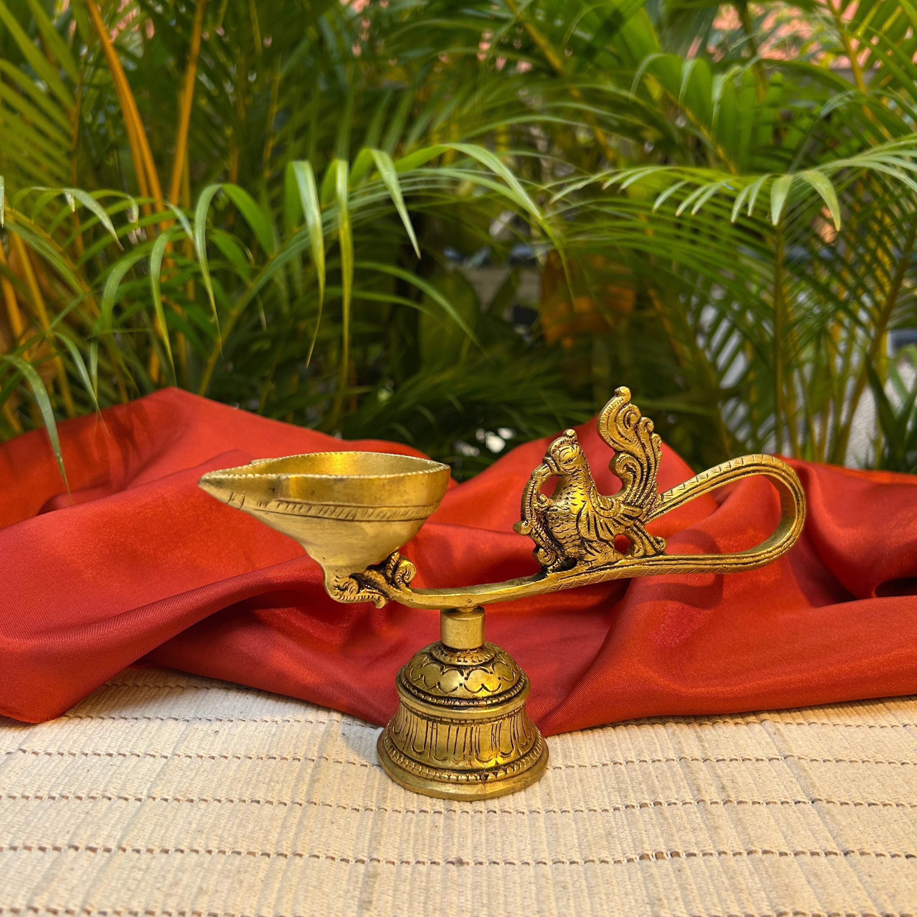Ambi Handcrafted Pure Brass Peacock Deepam with Bell | Traditional Puja Lamp