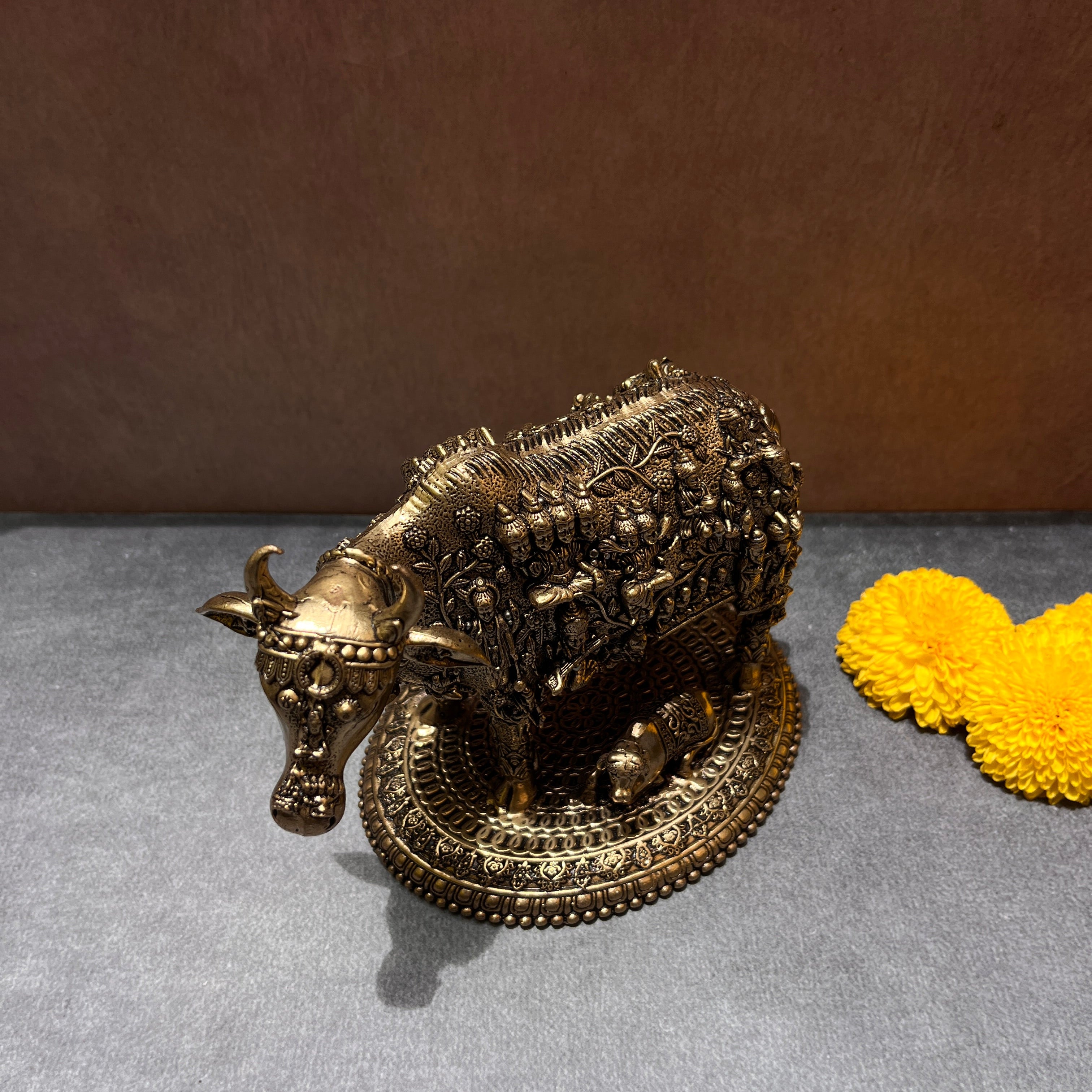 Ambi Pure Brass Kamadhenu Cow and Calf Idol with 33 Koti Deities for Home Mandir