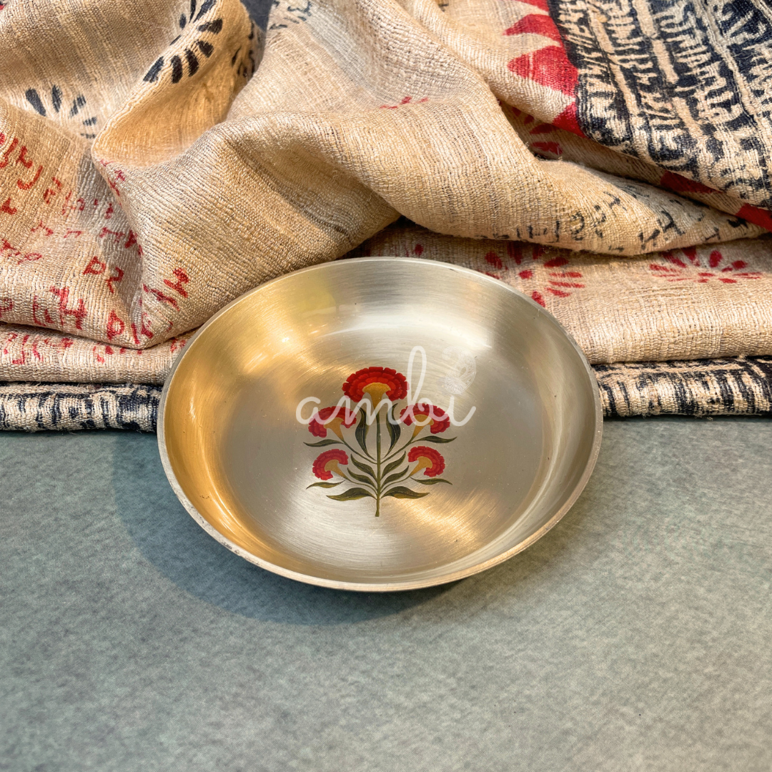 Ambi Pure Kansa Floral Hand Painted Plate – 4 Inch | Dessert & Puja Plate