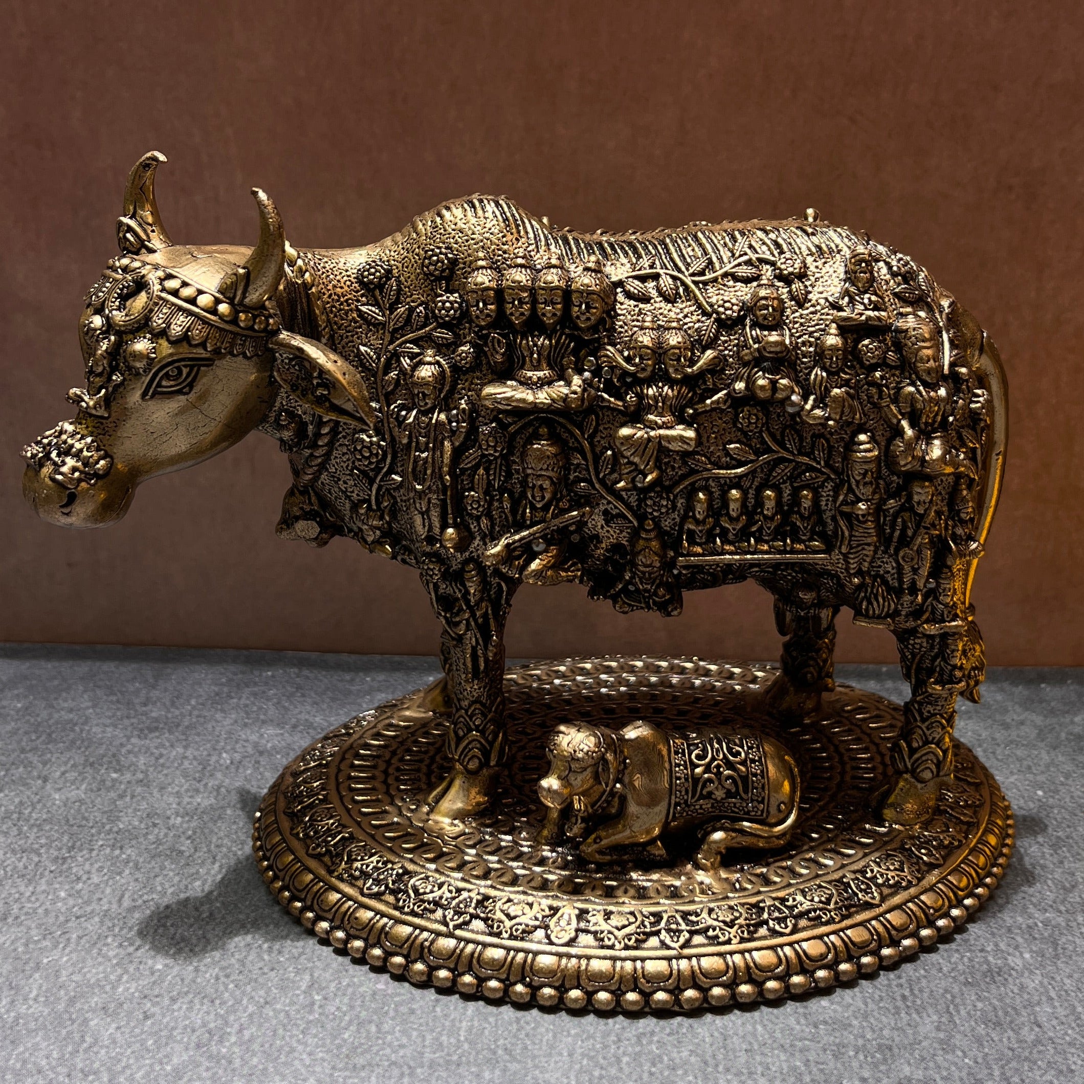 Ambi Pure Brass Kamadhenu Cow and Calf Idol with 33 Koti Deities for Home Mandir